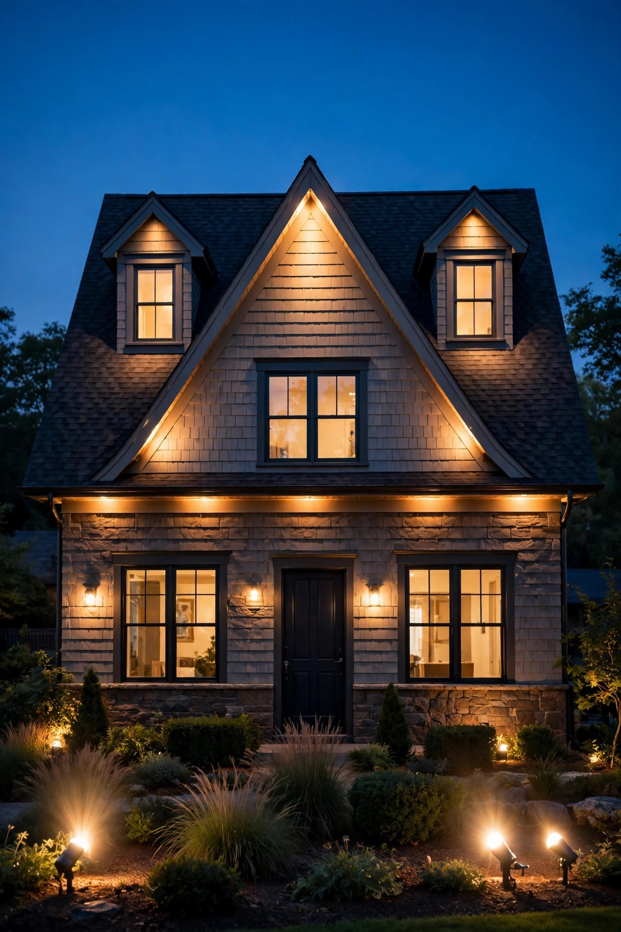 Spotlights illuminating a gable peak and two dormers on a two-story home at night, warm architectural accent lighting