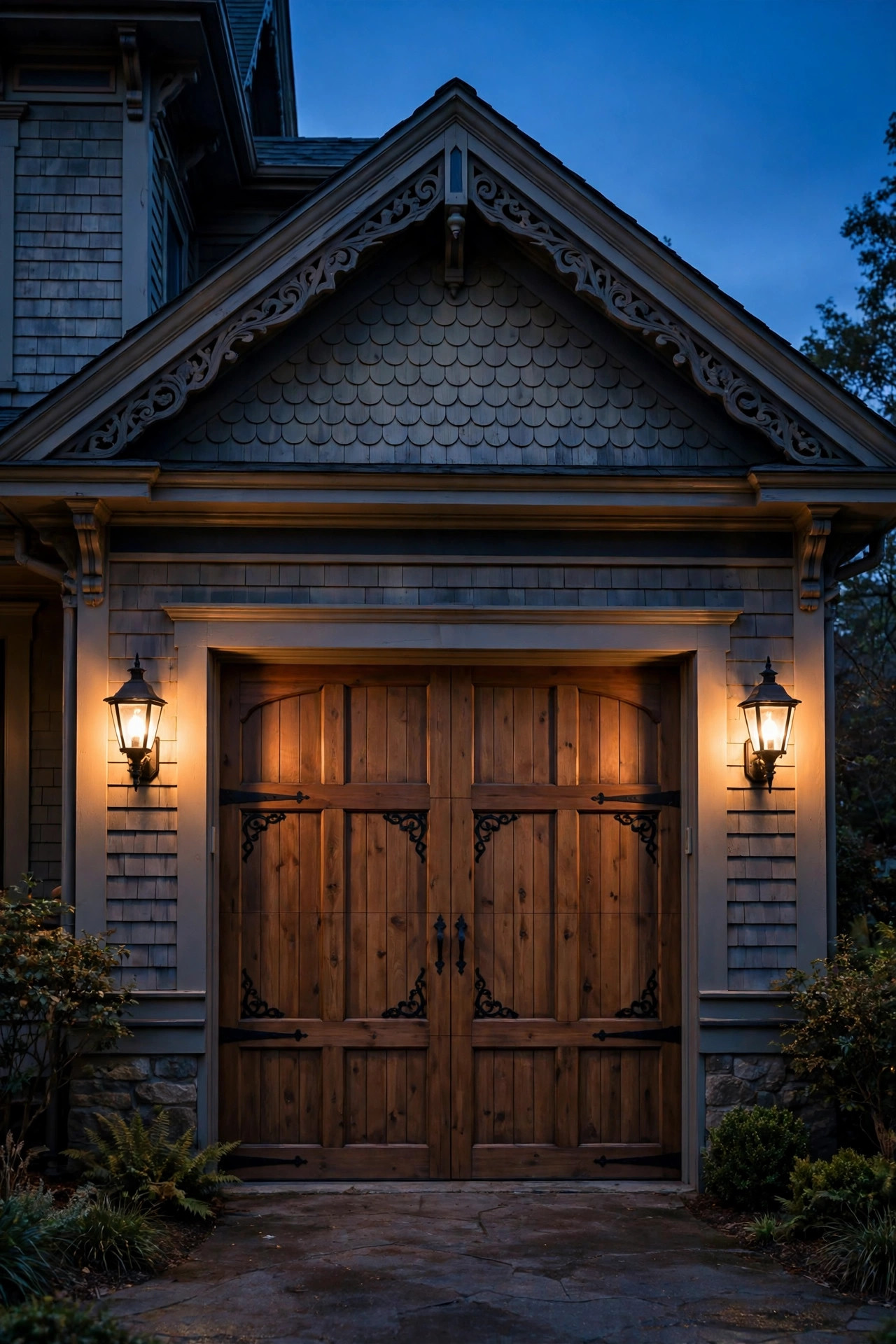Carriage-style coach lights with warm glow flanking a garage door on a Victorian style home at dusk