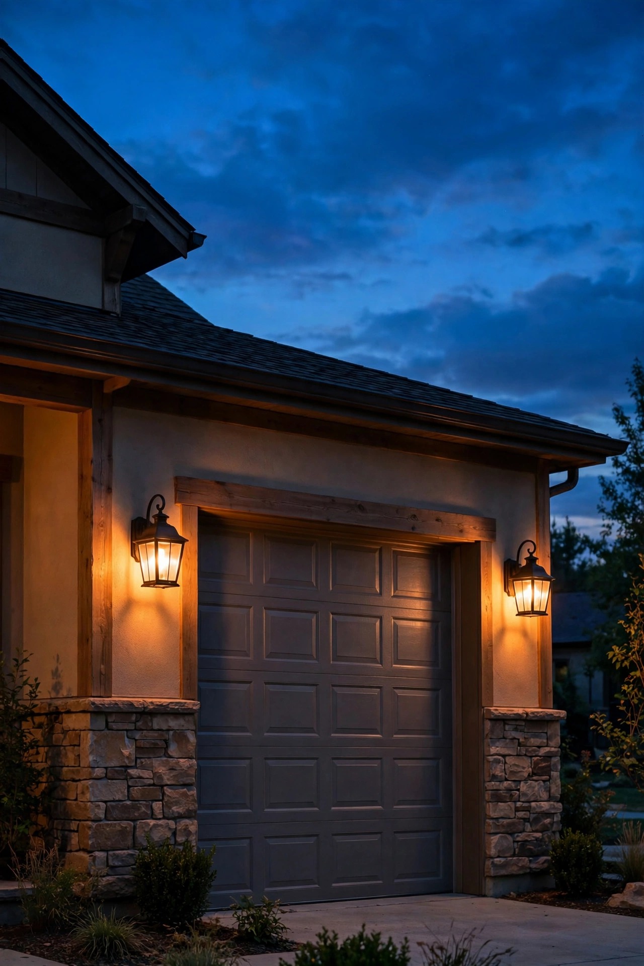 Garage coach lights with outdoor smart bulbs glowing warmly on either side of a garage door at dusk