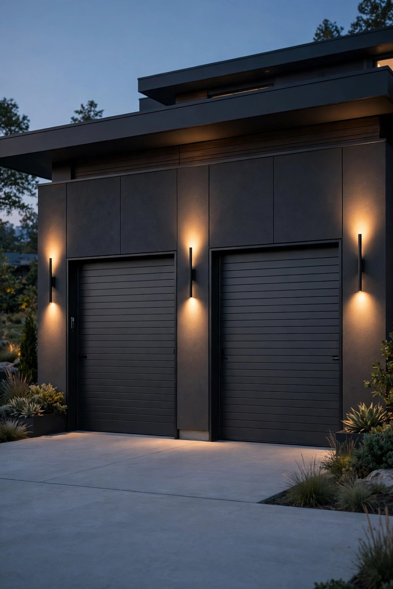 Slim black up down wall sconces washing light over modern garage doors at dusk with a clean driveway below