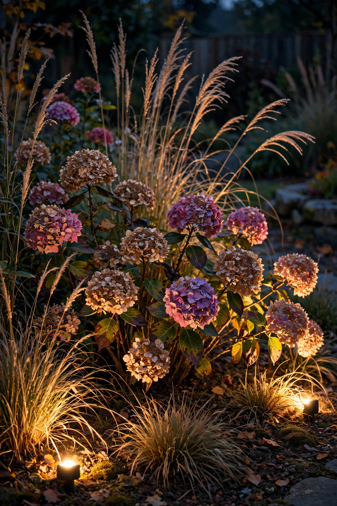Low uplights illuminating late-blooming hydrangeas and ornamental grasses in a garden bed at night