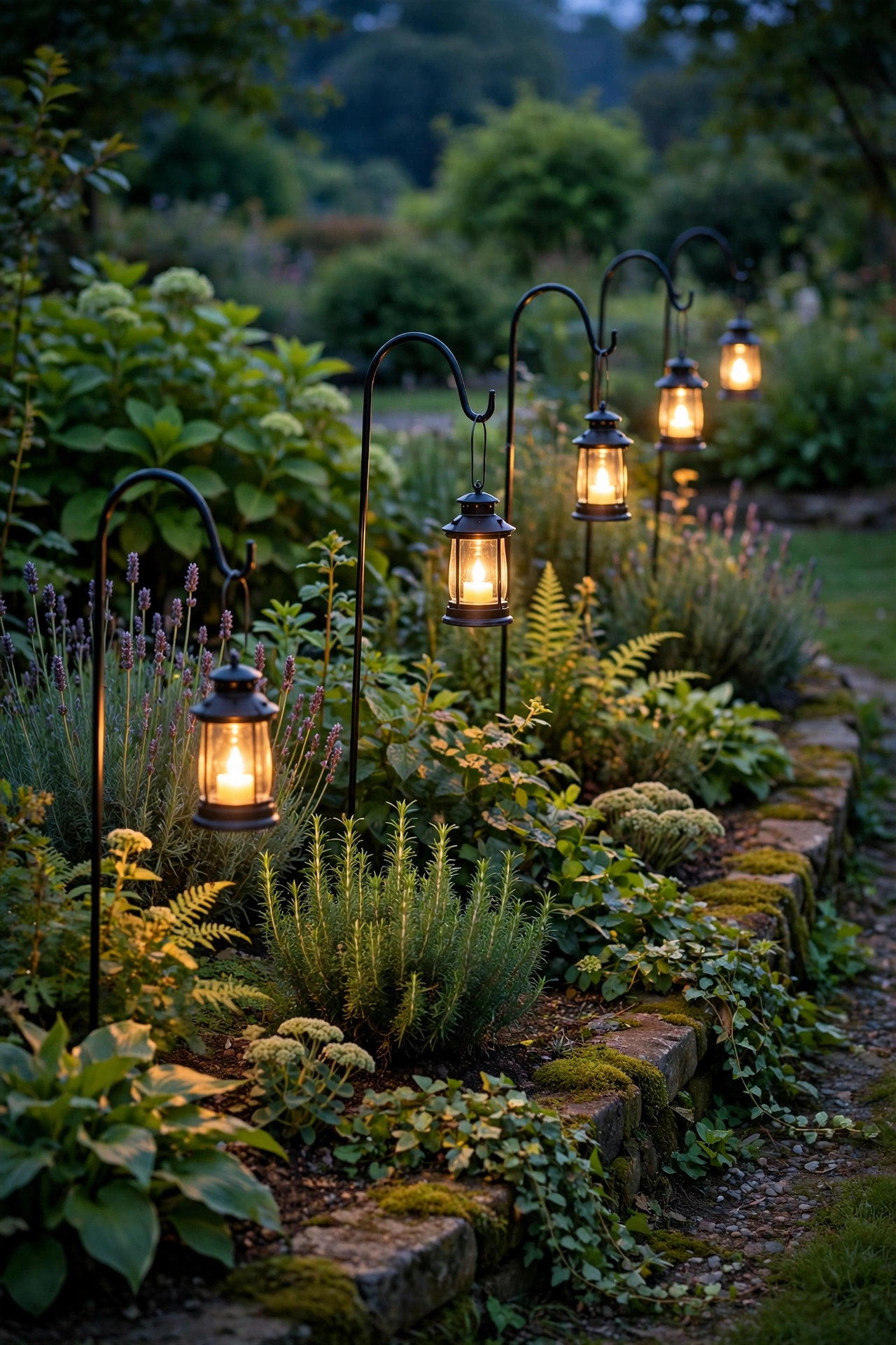 Small glowing lanterns on shepherd's hooks tracing the curved edge of a lush garden border