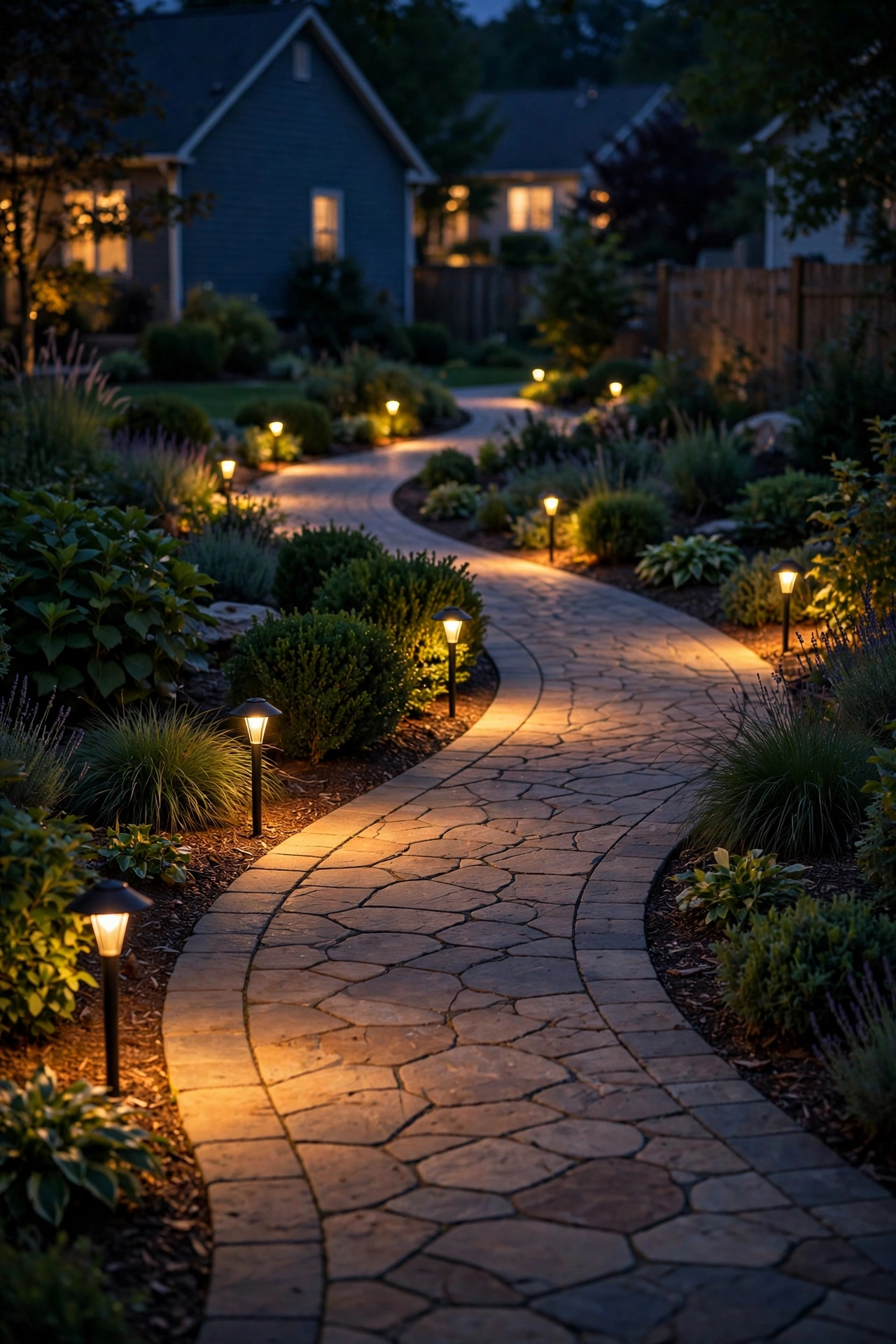 Curved garden walkway lined with warm path lights at night