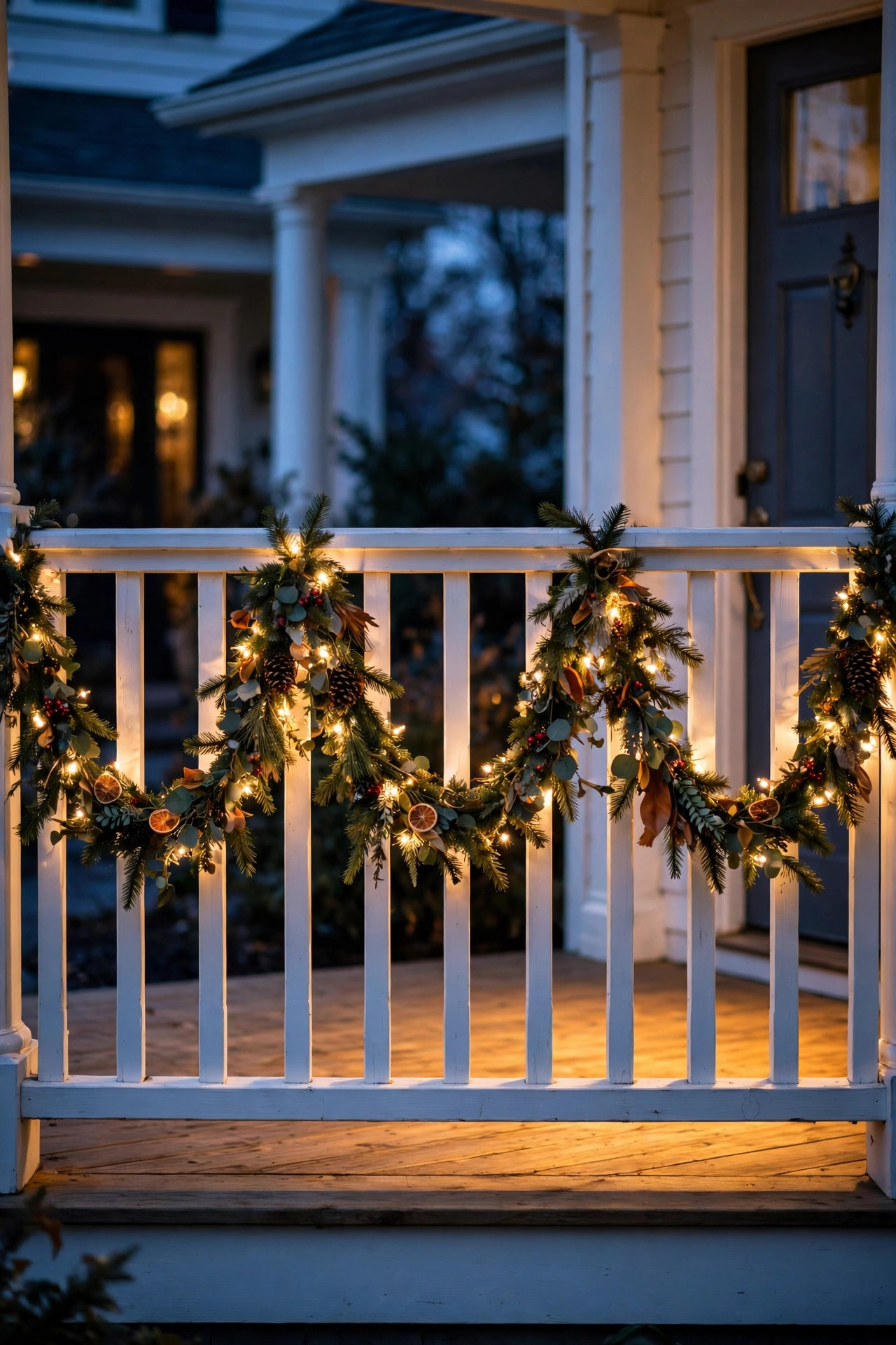Pre-lit garland swagged along a wooden porch railing glowing with warm white lights at dusk