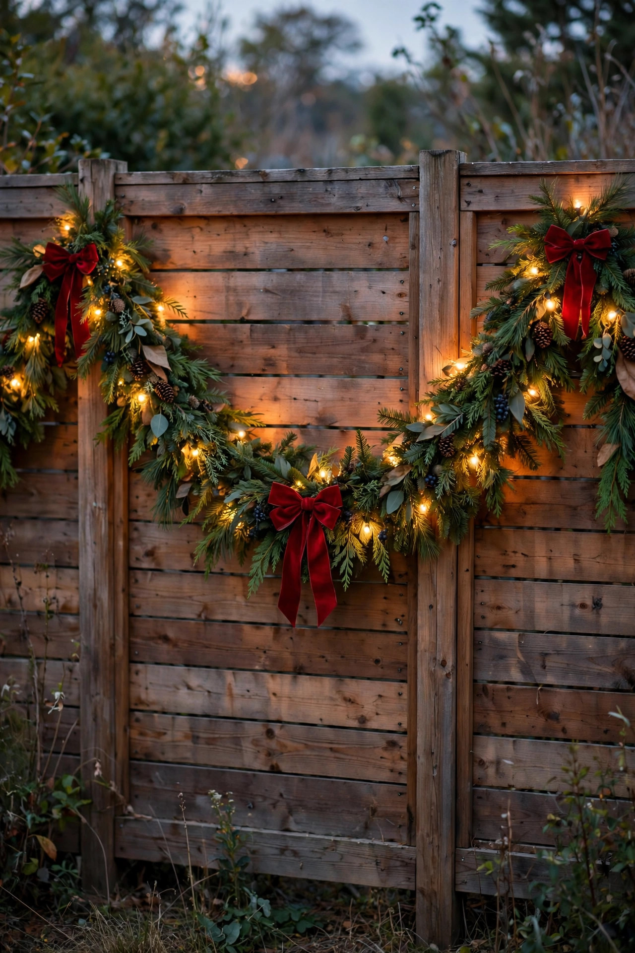 Pre-lit evergreen garland swagged across wooden fence panels with warm lights and red bows