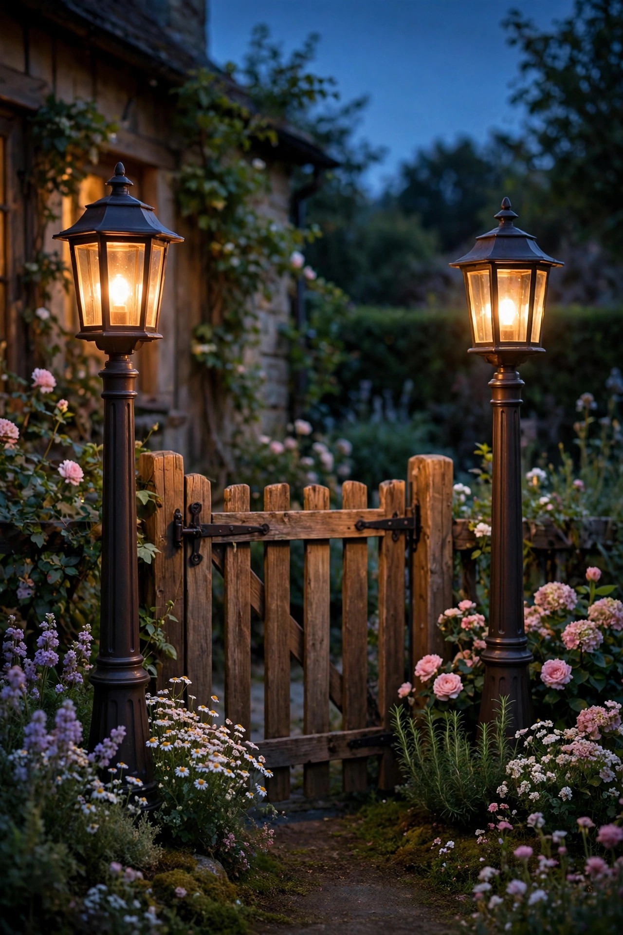 Matched pair of lantern posts flanking a wooden cottage garden gate at dusk with soft plantings at their bases