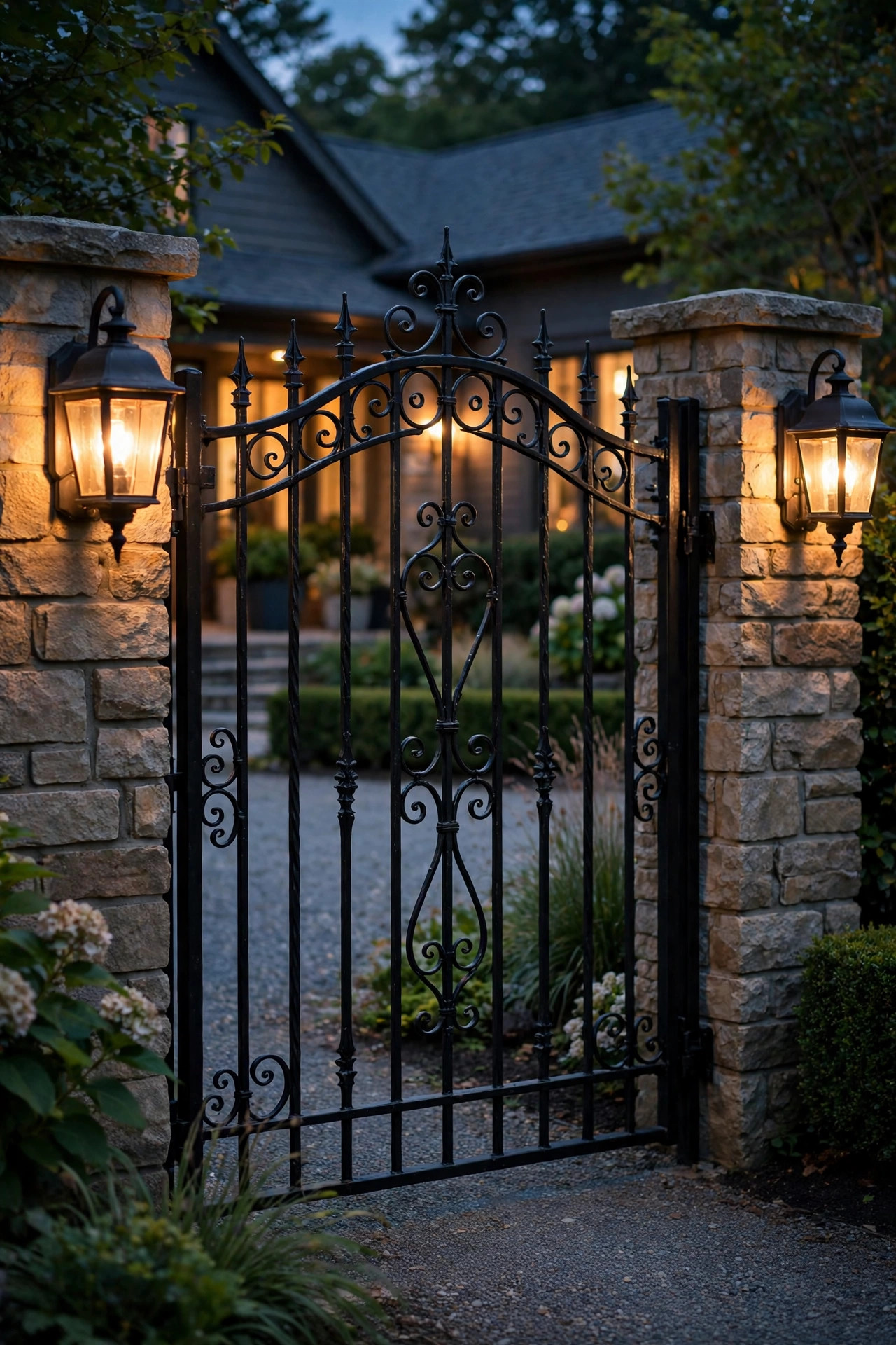 Black metal driveway gate with carriage lantern sconces mounted on its posts, glowing at evening