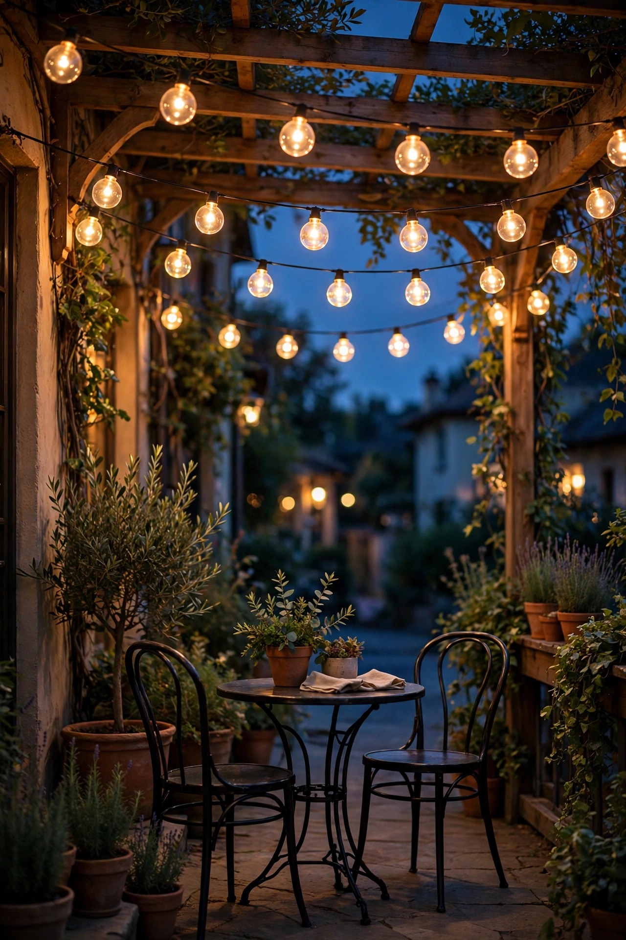 Glass globe string lights in a classic bistro style glowing over a cozy covered patio with a bistro table, chairs and potted plants at dusk