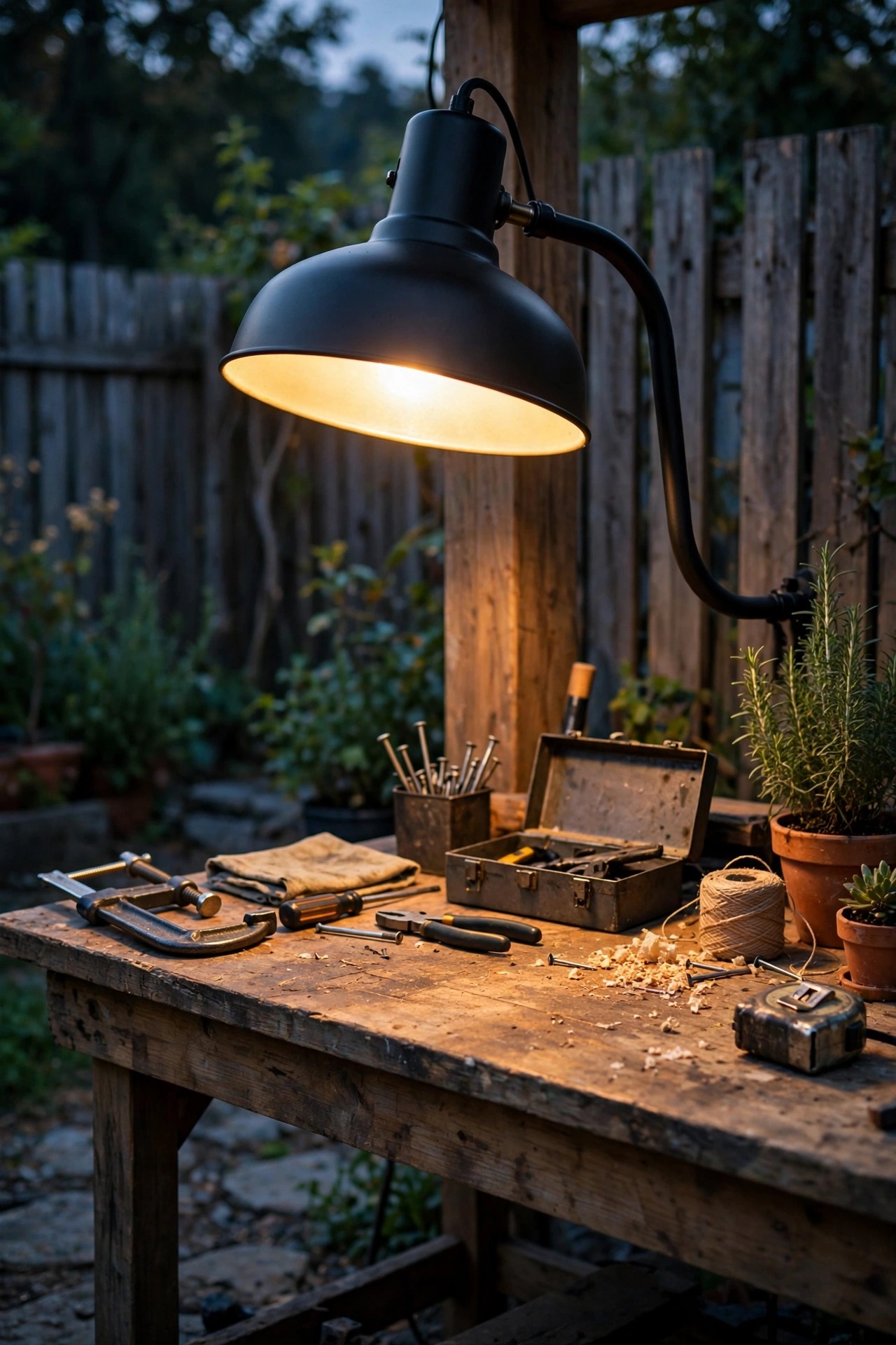 Matte black gooseneck barn light with wide metal shade glowing over an outdoor work bench at dusk