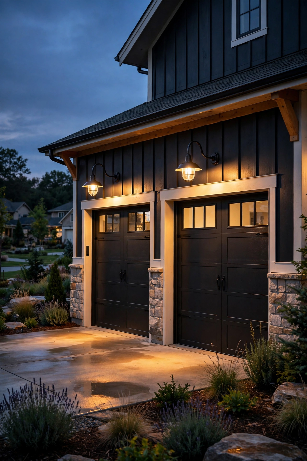 Gooseneck carriage lanterns over garage doors casting warm downward light on the driveway