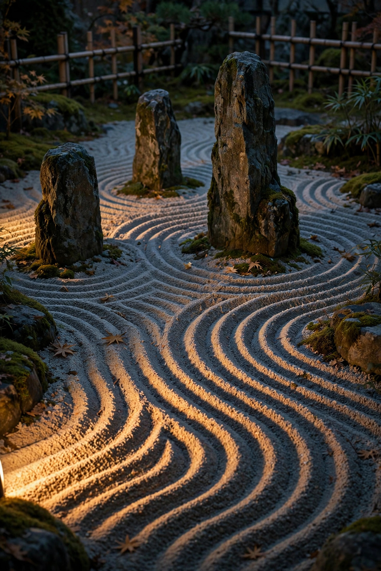 Low hidden light grazing across raked gravel waves and standing stones in a dry zen garden