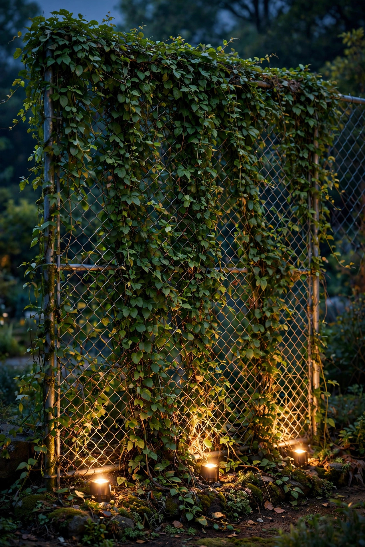 Lush green vines covering a chain-link fence, uplighted from the planting bed with warm spotlights at night