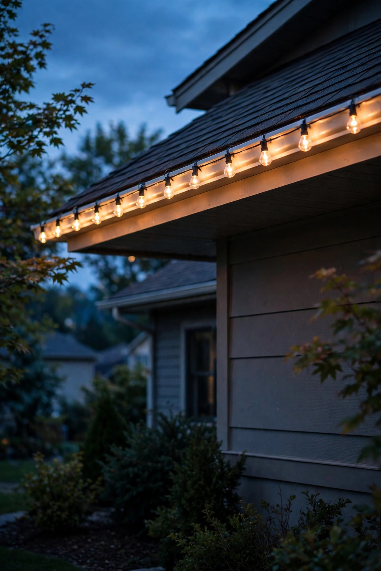 Warm LED bulb string clipped along a gutter line tracing the roofline of a home at dusk