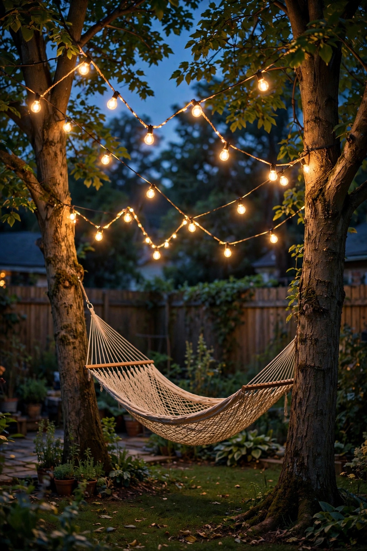 String light canopy zigzagging above a hammock strung between two trees in a backyard at dusk