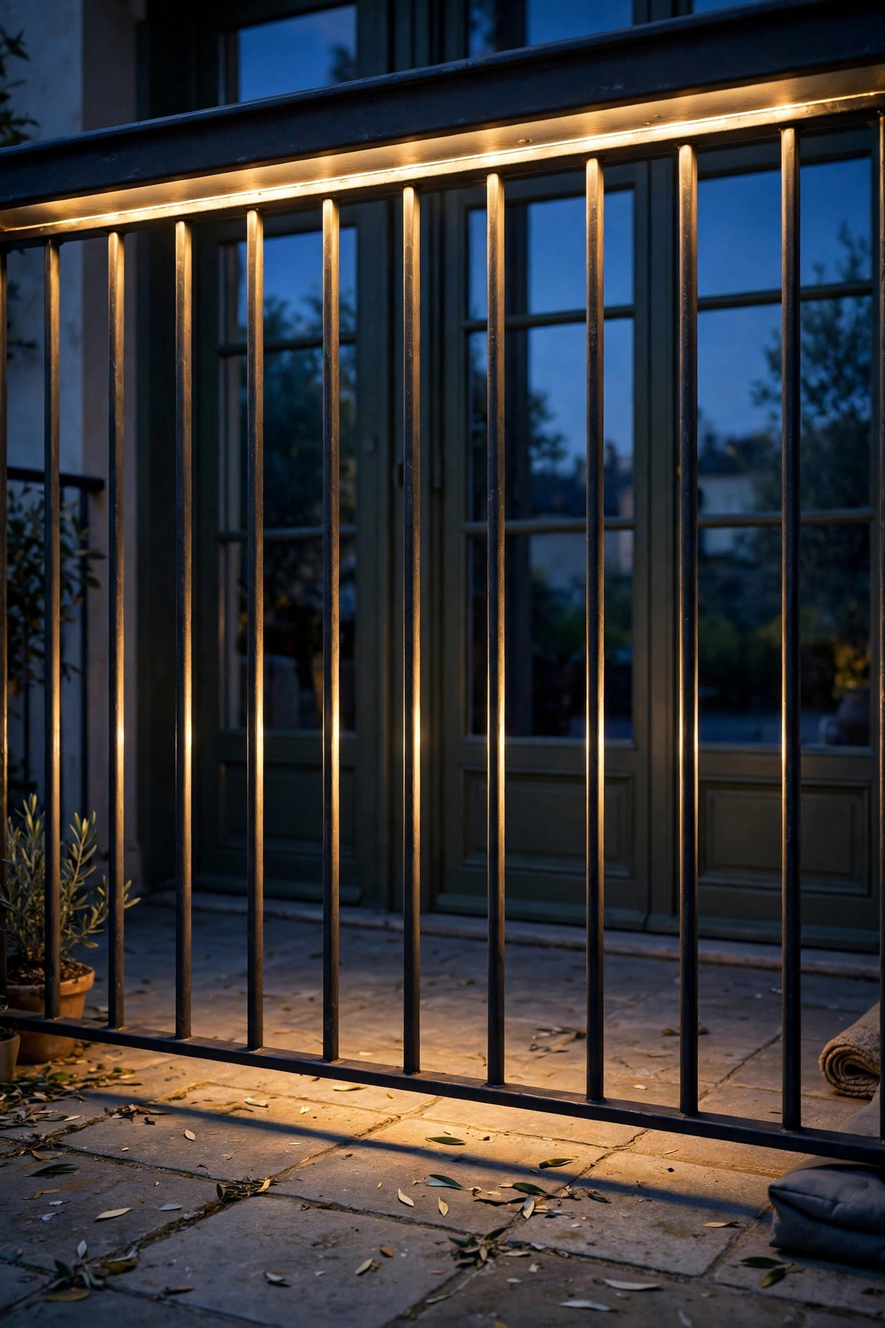 Warm LED strip hidden under a balcony top rail washing soft light down the balusters onto the floor at dusk