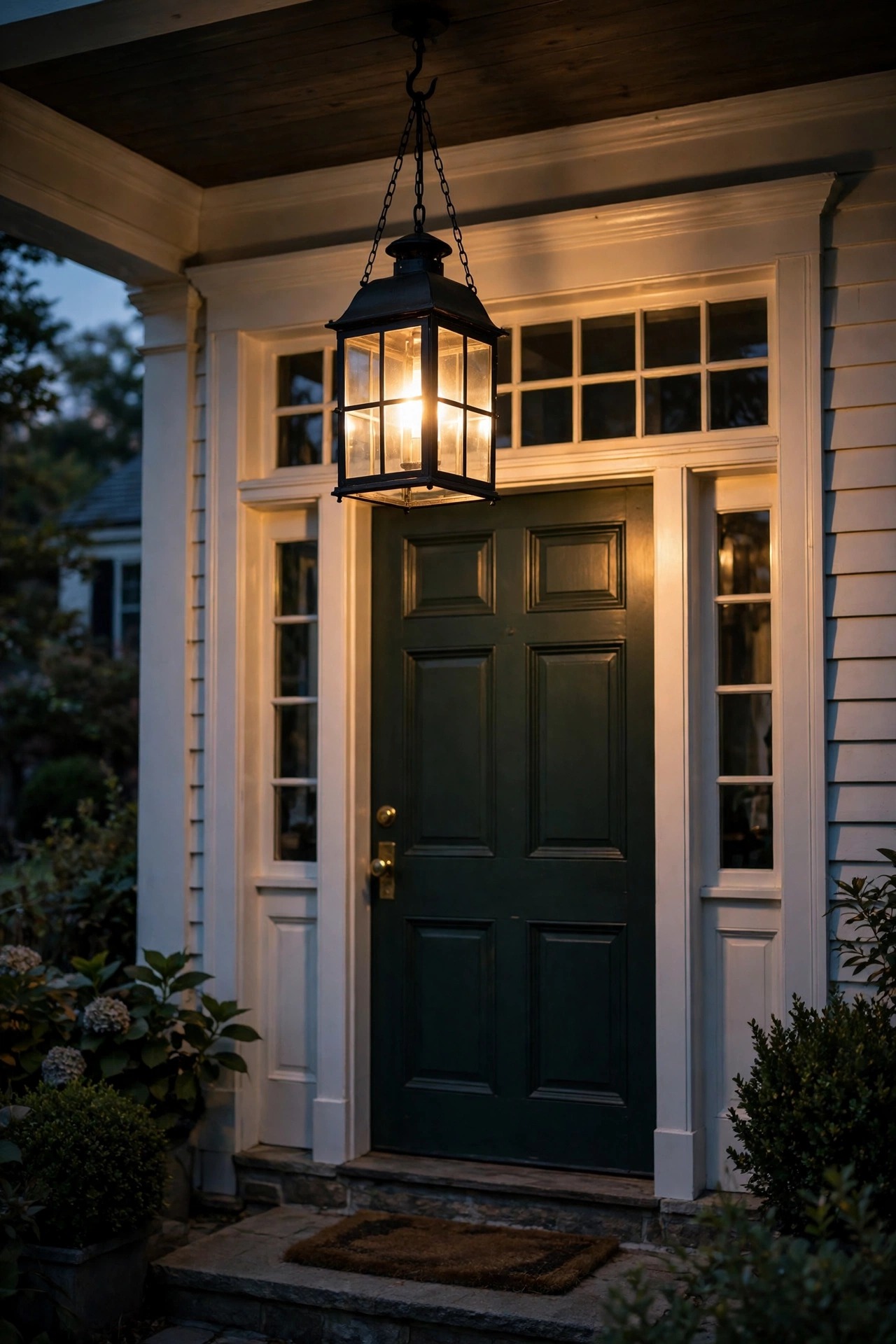Black hanging lantern pendant with clear glass panels suspended over a colonial front door at dusk