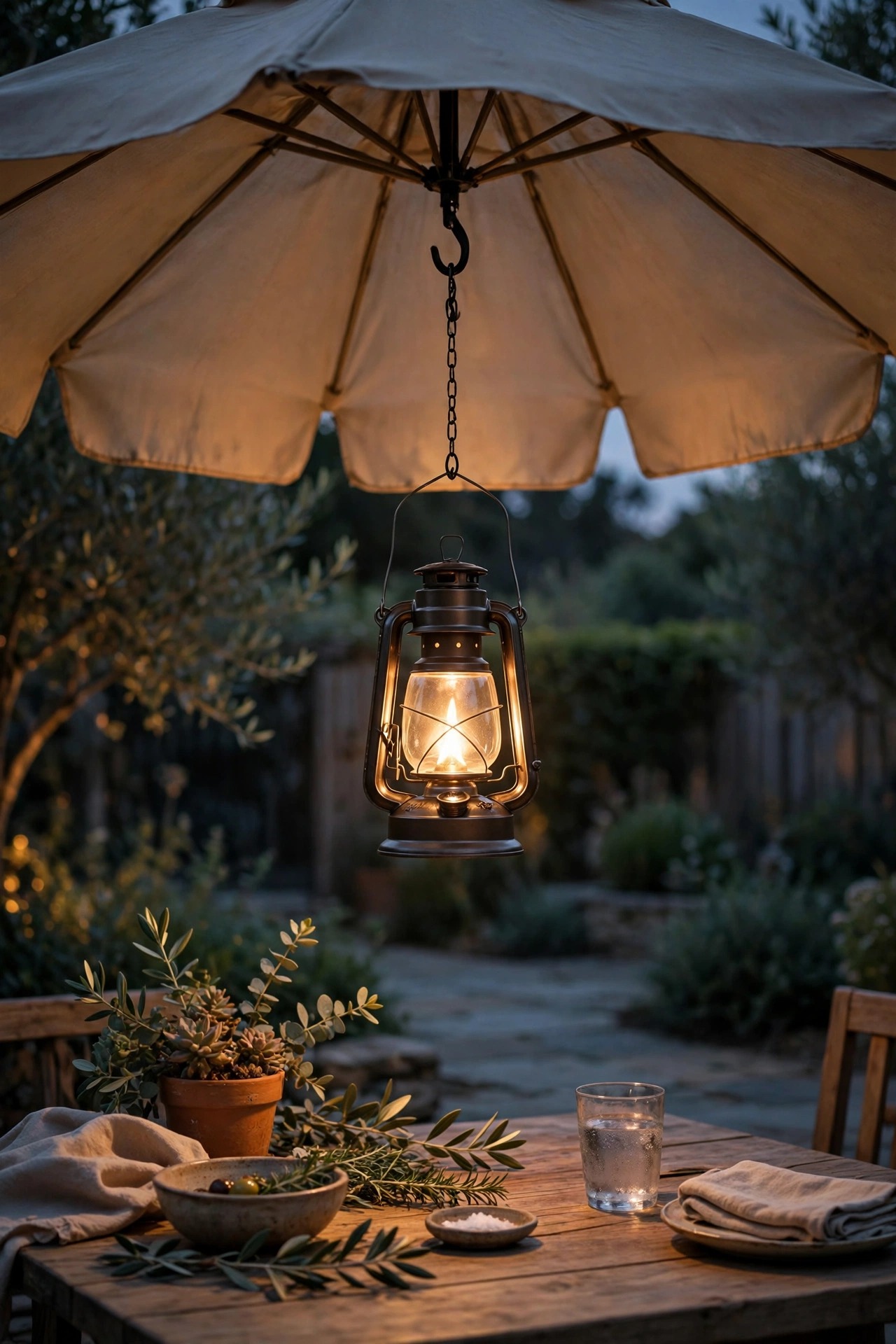 Battery-operated lantern with a warm flickering glow hanging from the center of a patio umbrella over a table