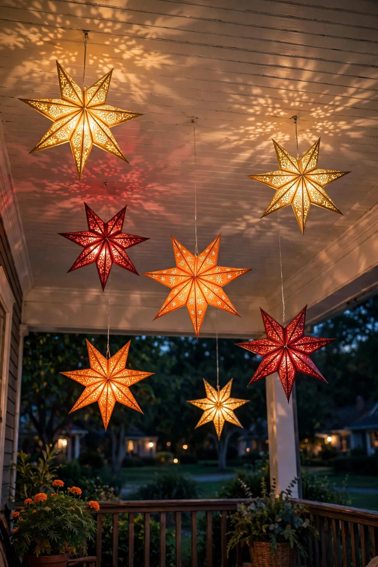 Glowing paper star lanterns hanging at varied heights from a porch ceiling