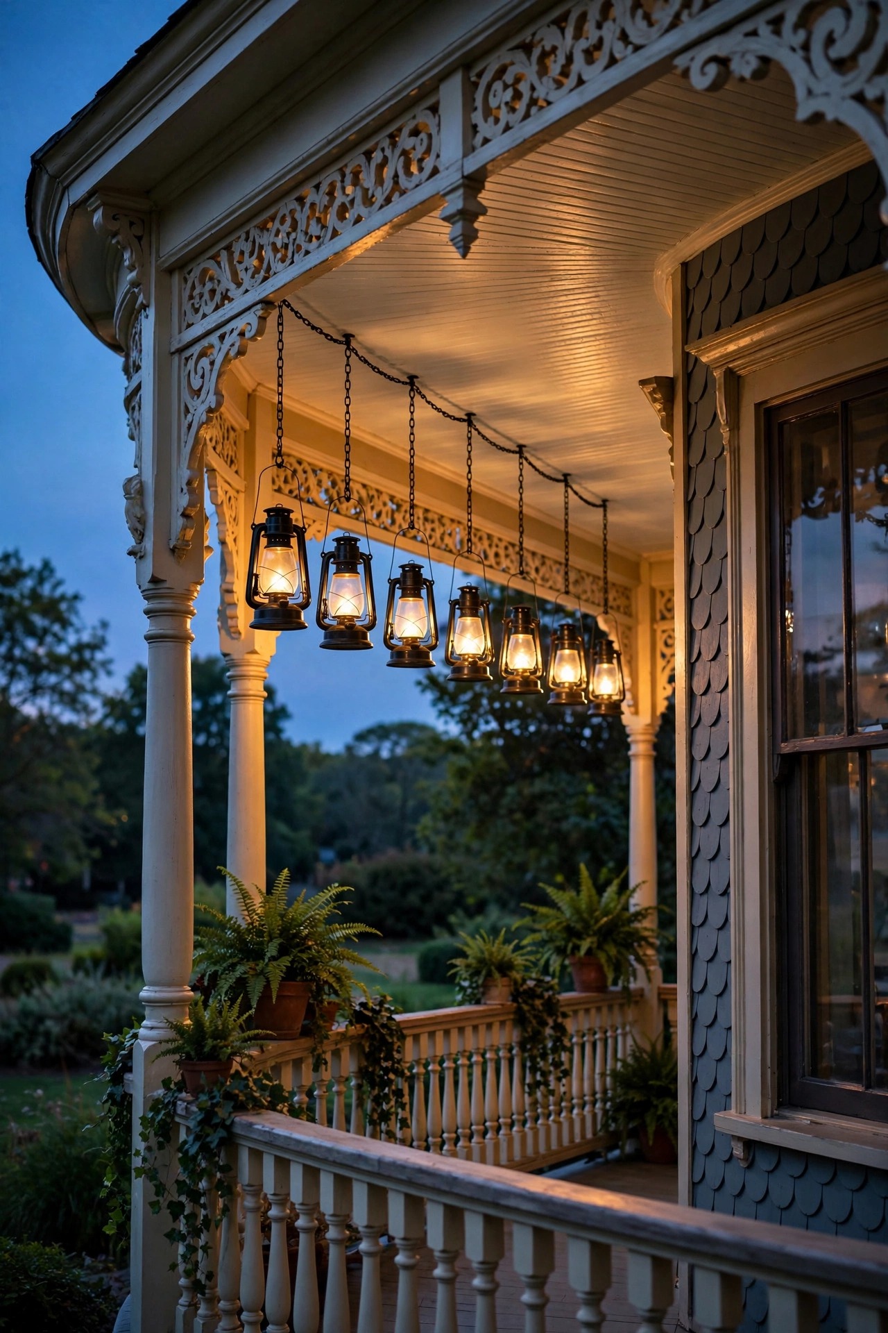 Row of chain-hung lanterns glowing along a wraparound Victorian porch ceiling at dusk