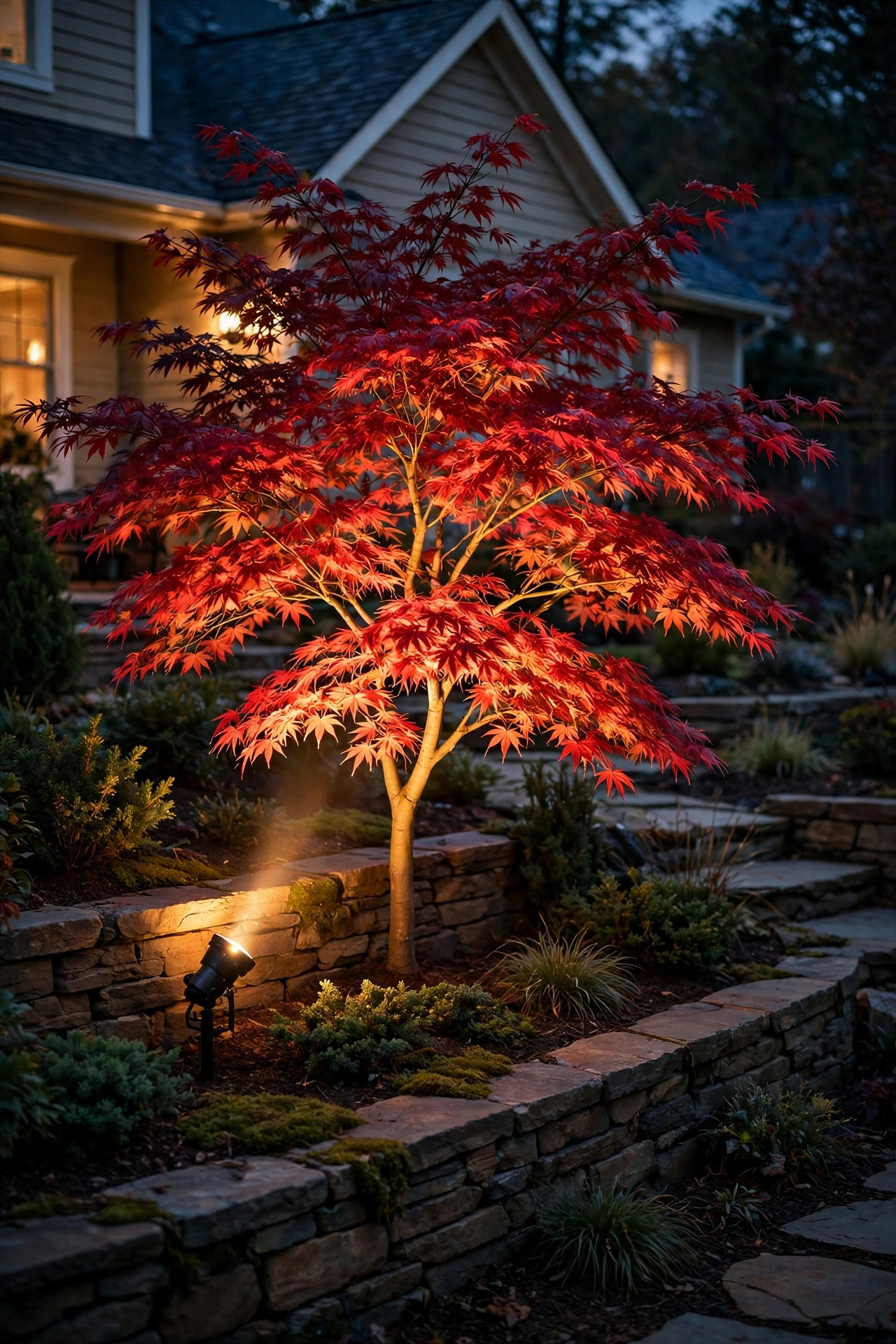 Spotlight illuminating a Japanese maple as the hero plant on one terraced garden level at dusk