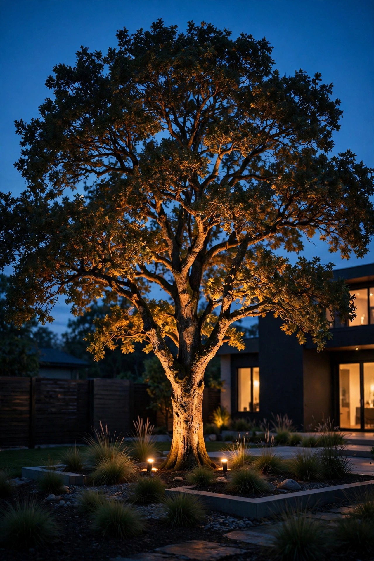 A single mature tree dramatically uplit at night in a front yard, blending classic garden drama with modern restraint