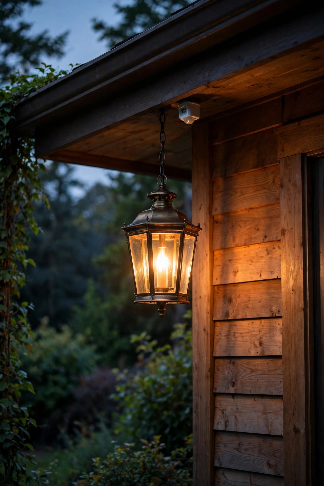 Elegant hanging porch lantern glowing warmly at dusk with a small discreet motion sensor tucked under the eave