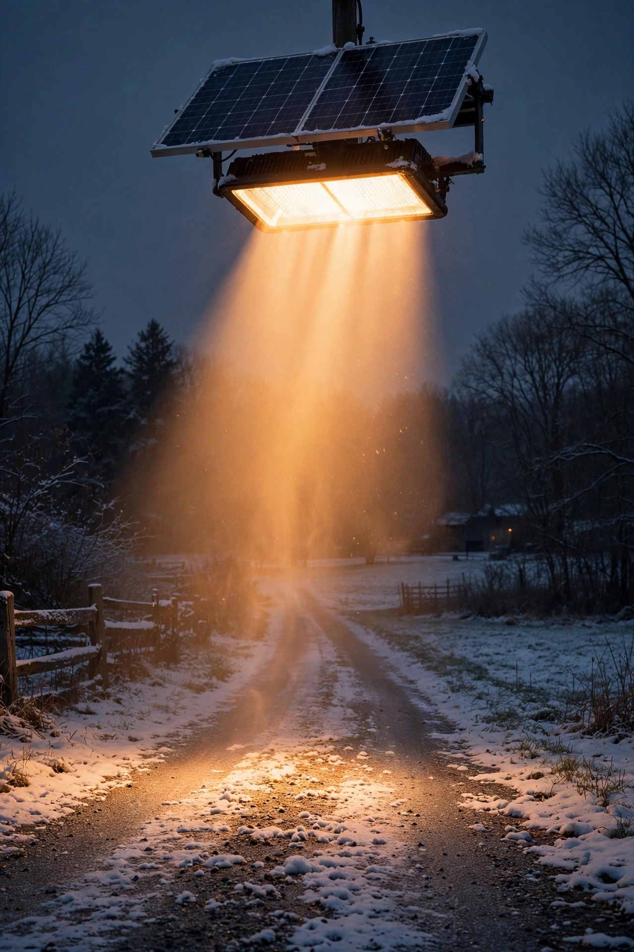 Large-panel solar flood light above a snow-dusted rural driveway at dusk, strong warm beam cutting through early winter darkness