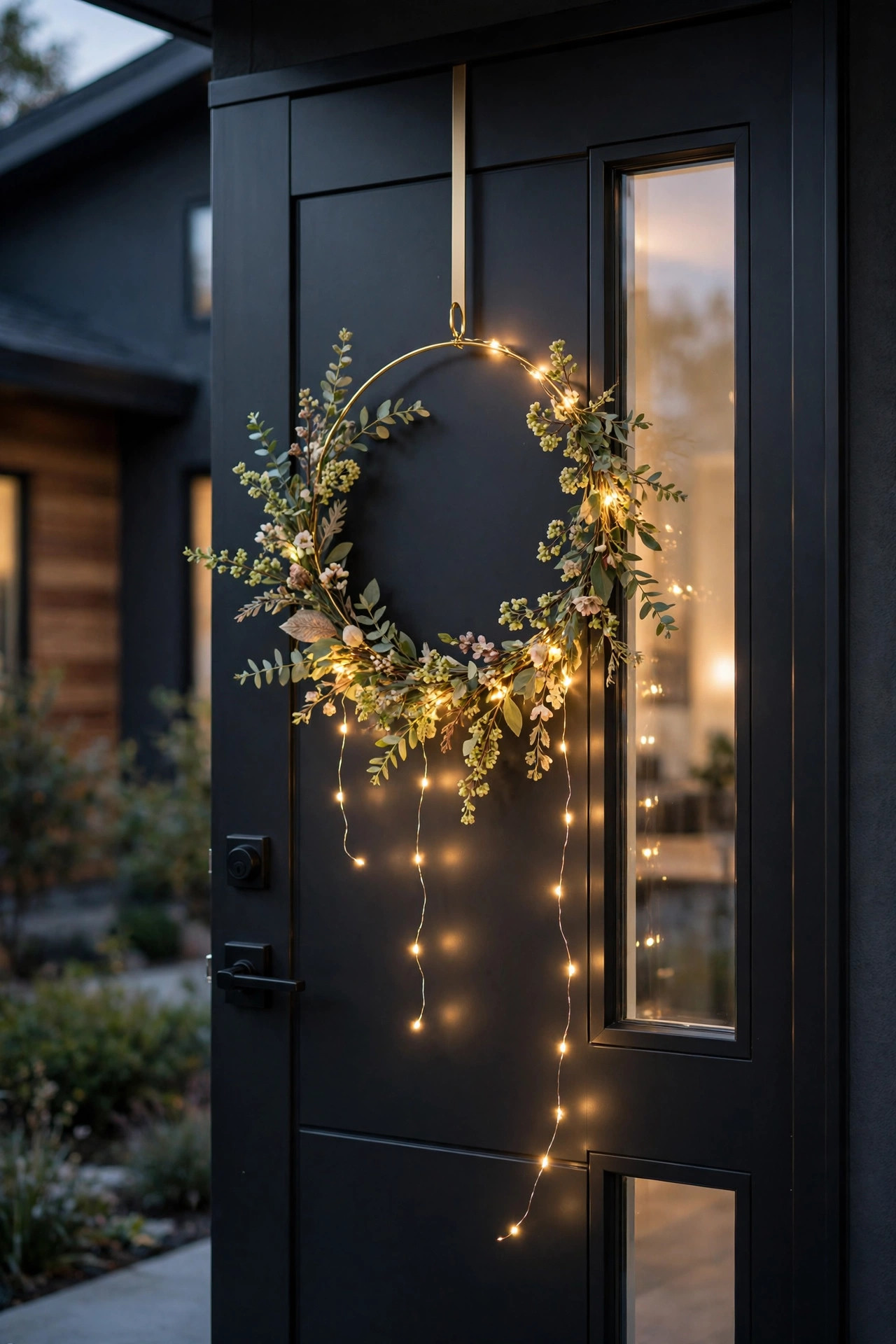 Minimalist gold hoop spring wreath with trailing warm fairy lights on a modern front door