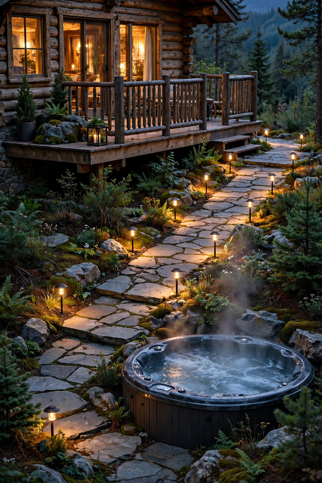 Low-voltage path lights lining a stone walkway from a cabin deck to a steaming hot tub at dusk