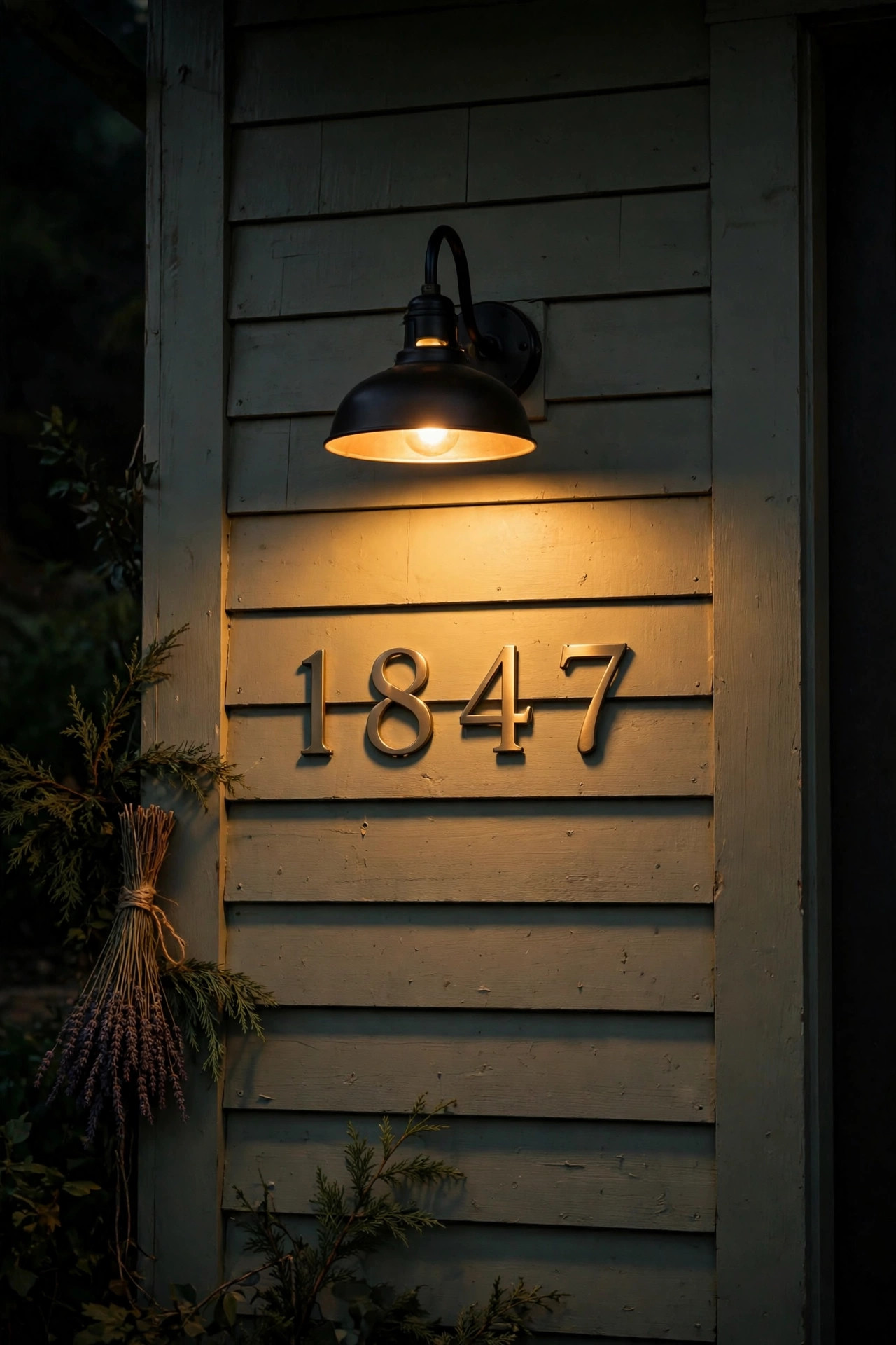 Small gooseneck barn light illuminating house numbers on a farmhouse exterior at night