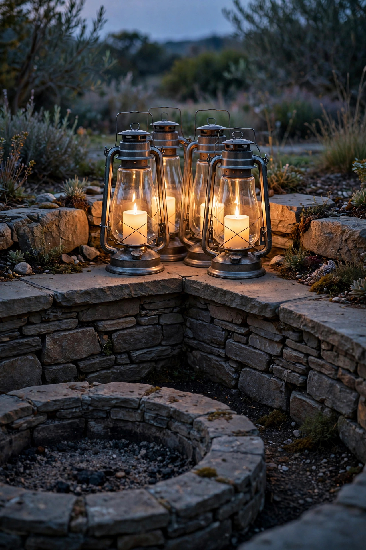 Hurricane lanterns with flickering flameless candles grouped in the corner of a sunken fire pit seating wall