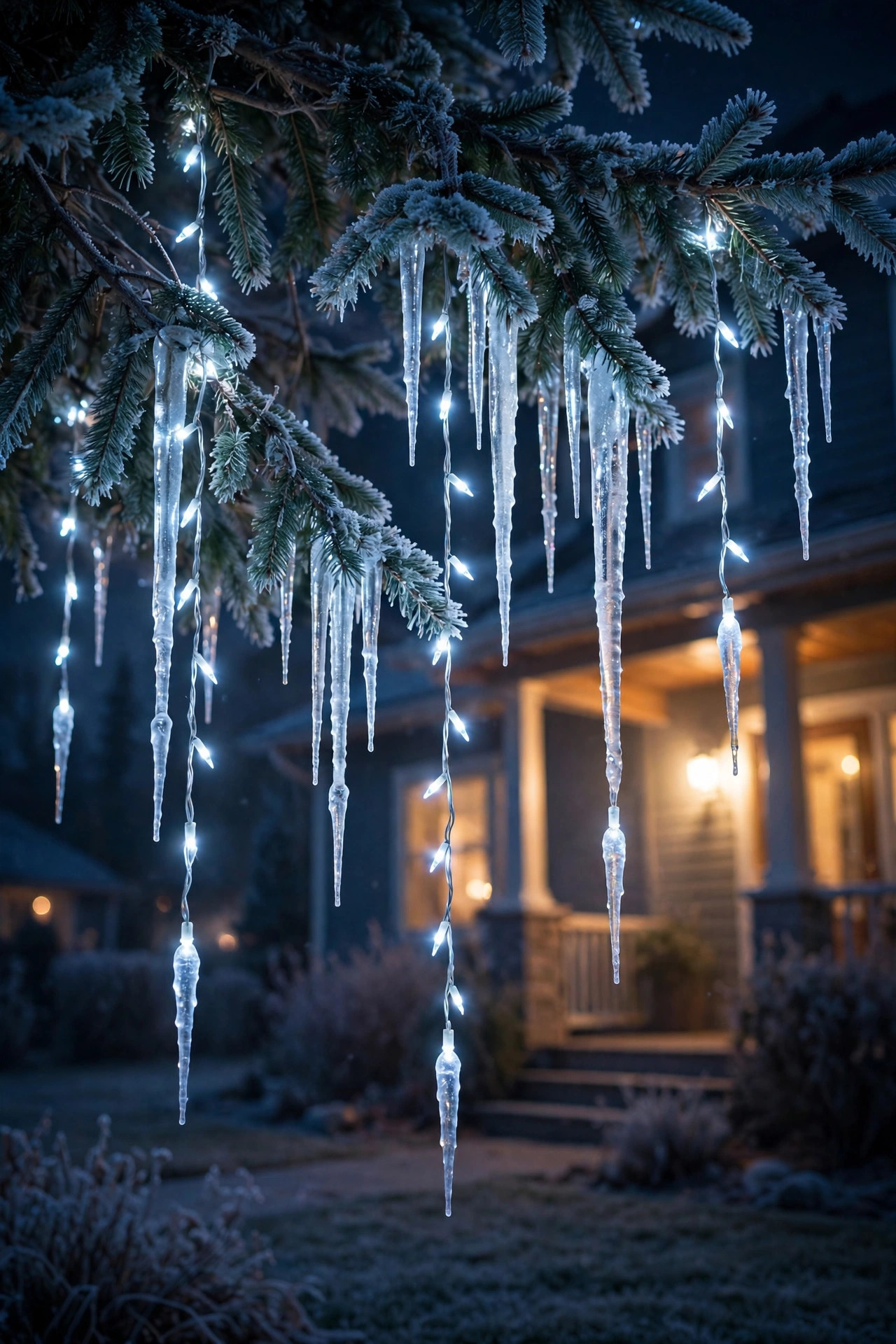 Icicle lights dripping from lower branches of a Christmas tree glowing at night