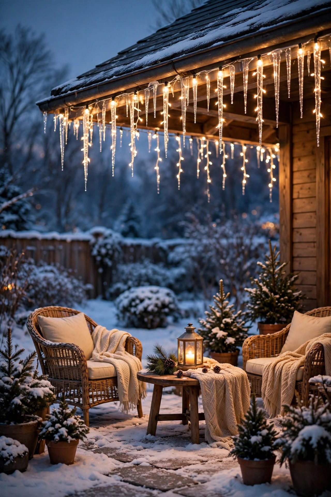 Warm white icicle lights hanging along the roof edge over a cozy winter patio with snow on the ground