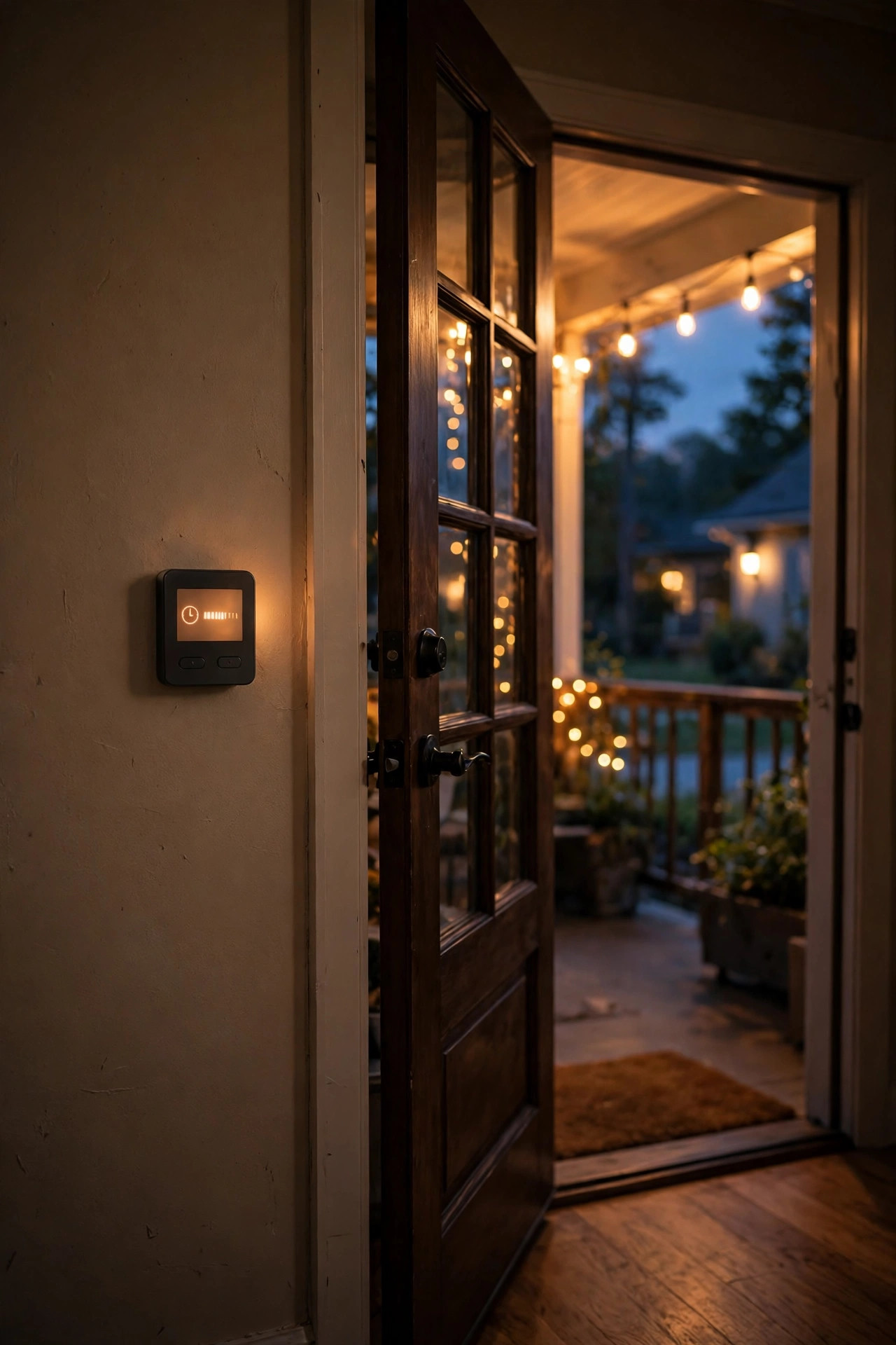 In-wall digital timer switch installed beside a front door, its small display showing an evening off-time, warm light spilling from the porch beyond