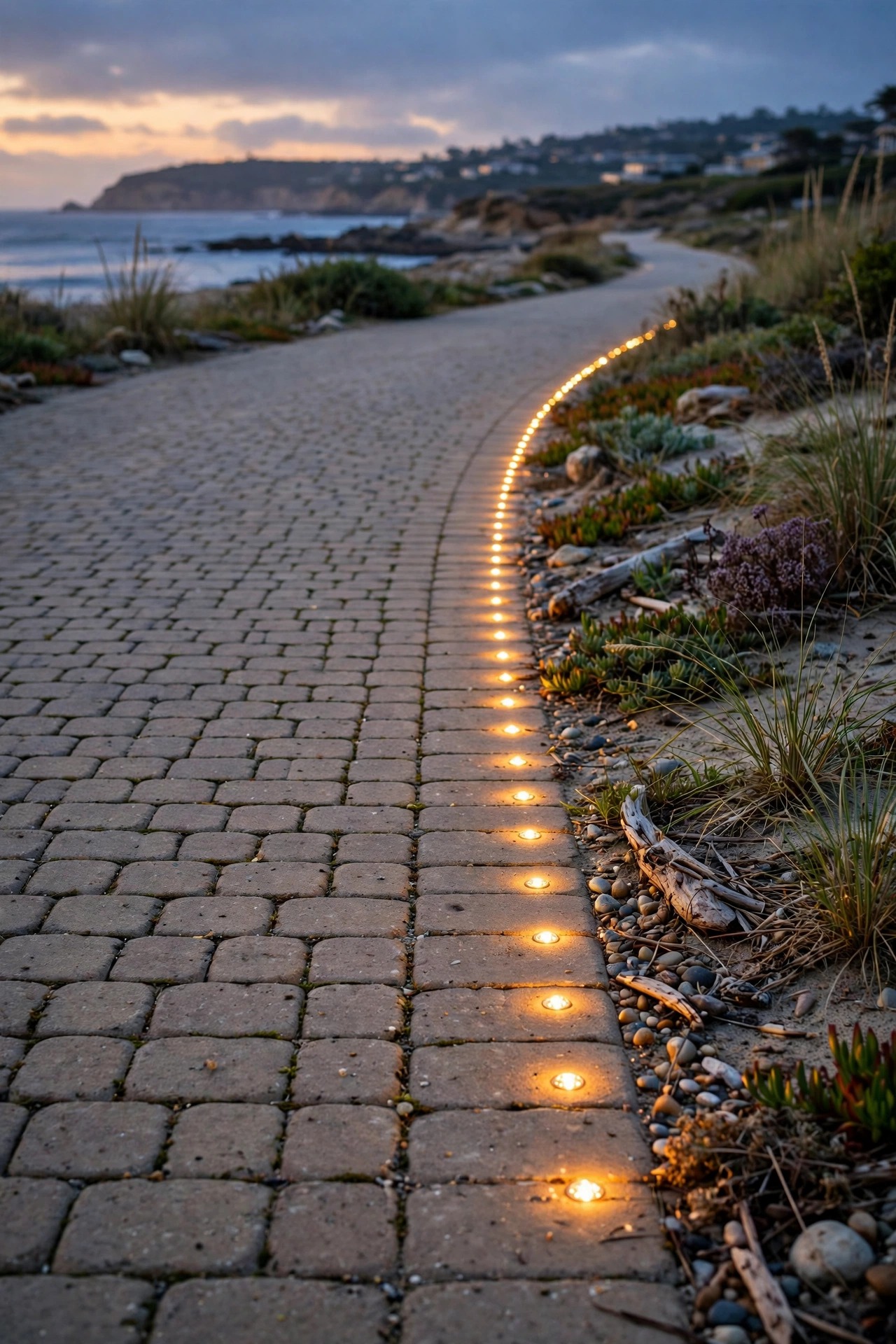 Flush in-ground driveway marker lights glowing in a dotted line along a coastal paver driveway edge at dusk