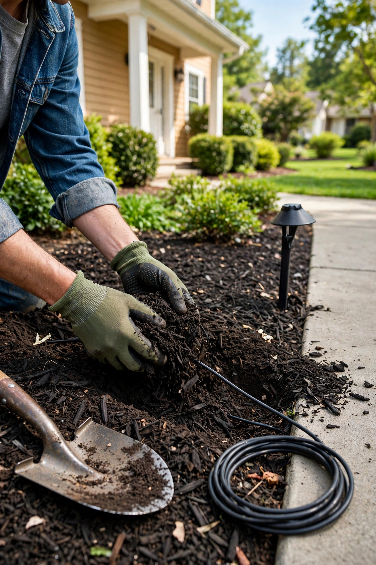 Person burying low voltage lighting cable in mulch bed beside a front walkway during daytime installation
