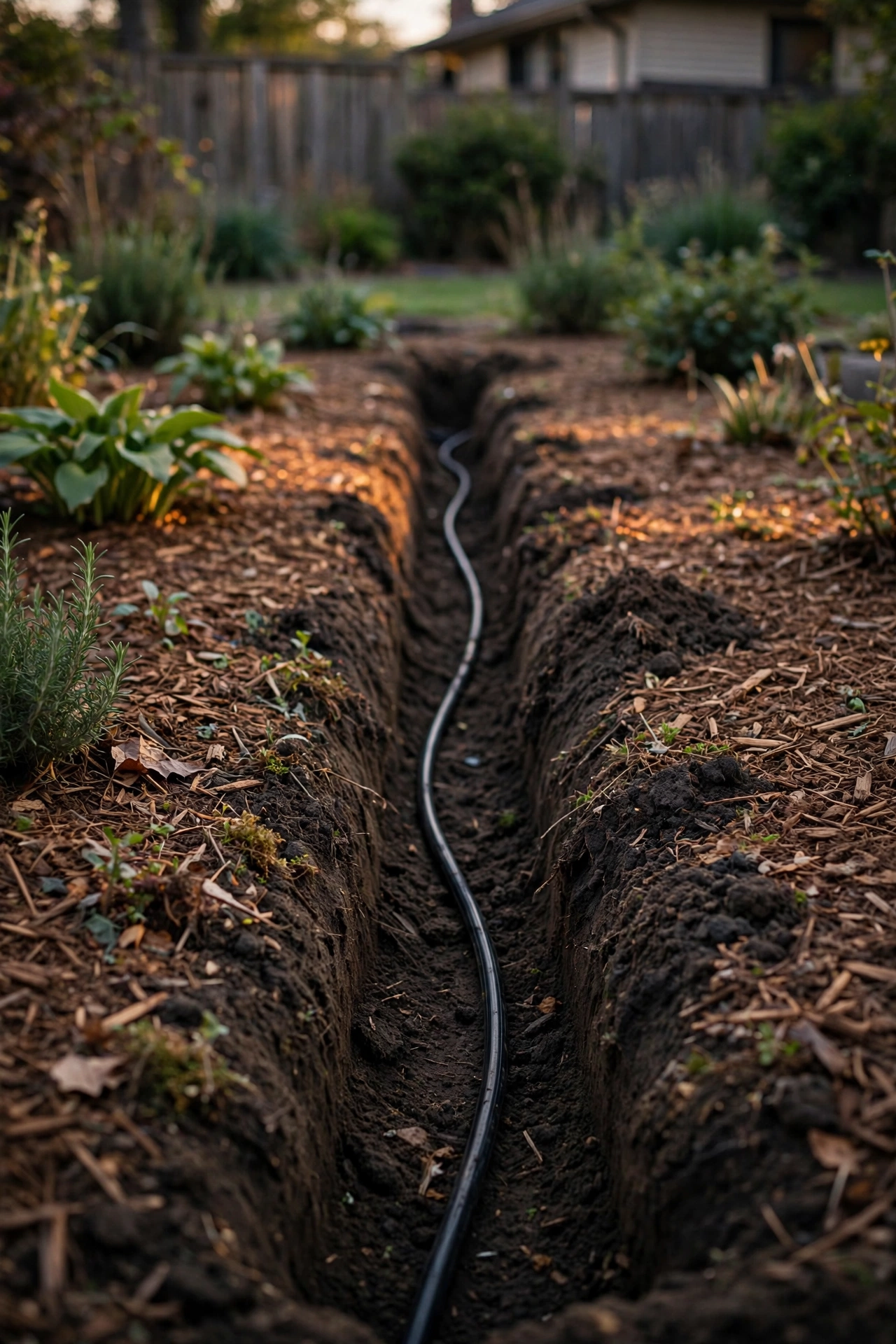 Shallow trench dug through a garden bed with black low-voltage landscape cable being laid in the soil at dusk