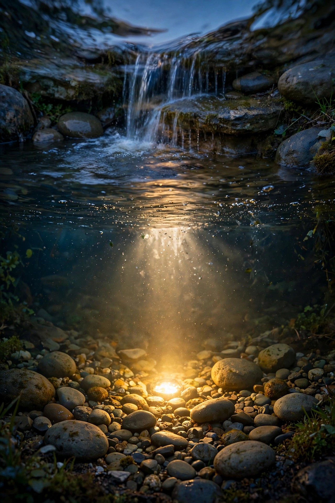 Submersible pond light glowing beneath the water surface at dusk, illuminating a small waterfall and stones