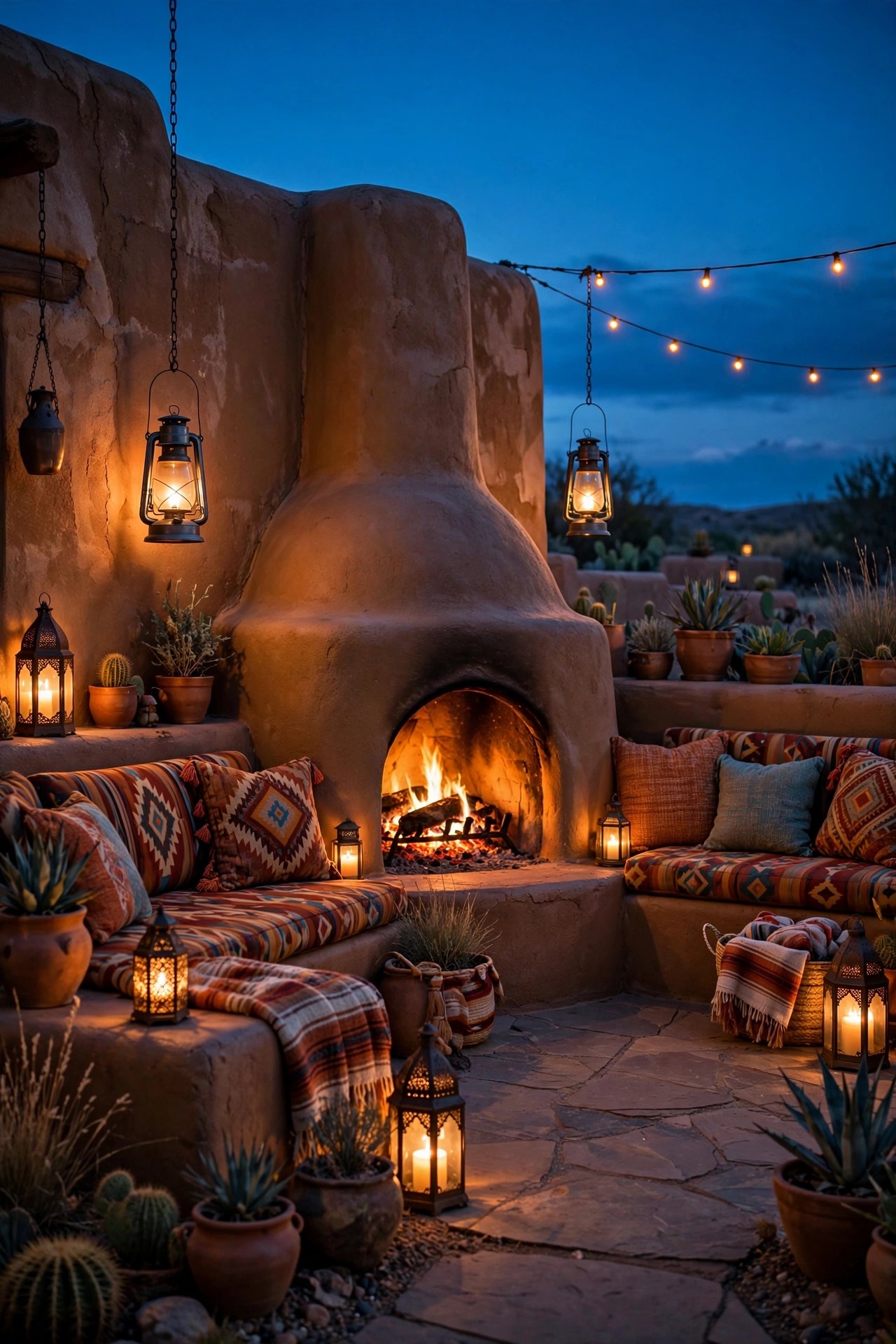 Adobe kiva fireplace glowing on a southwestern patio with lanterns and cushioned benches at dusk