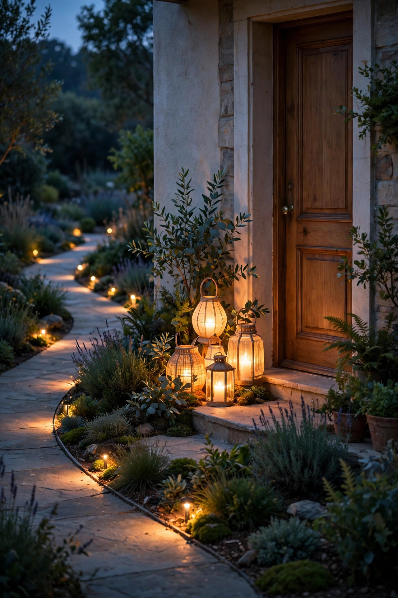 Cluster of glowing lanterns beside a front door with a softly lit walkway edge curving through the garden