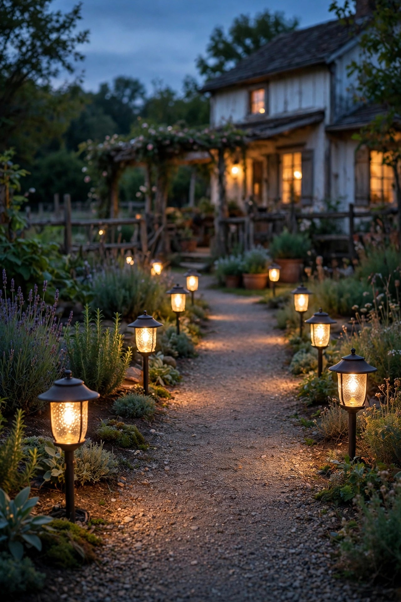 Lantern-style path lights lining a gravel walkway in a farmhouse garden at dusk with warm seeded-glass glow