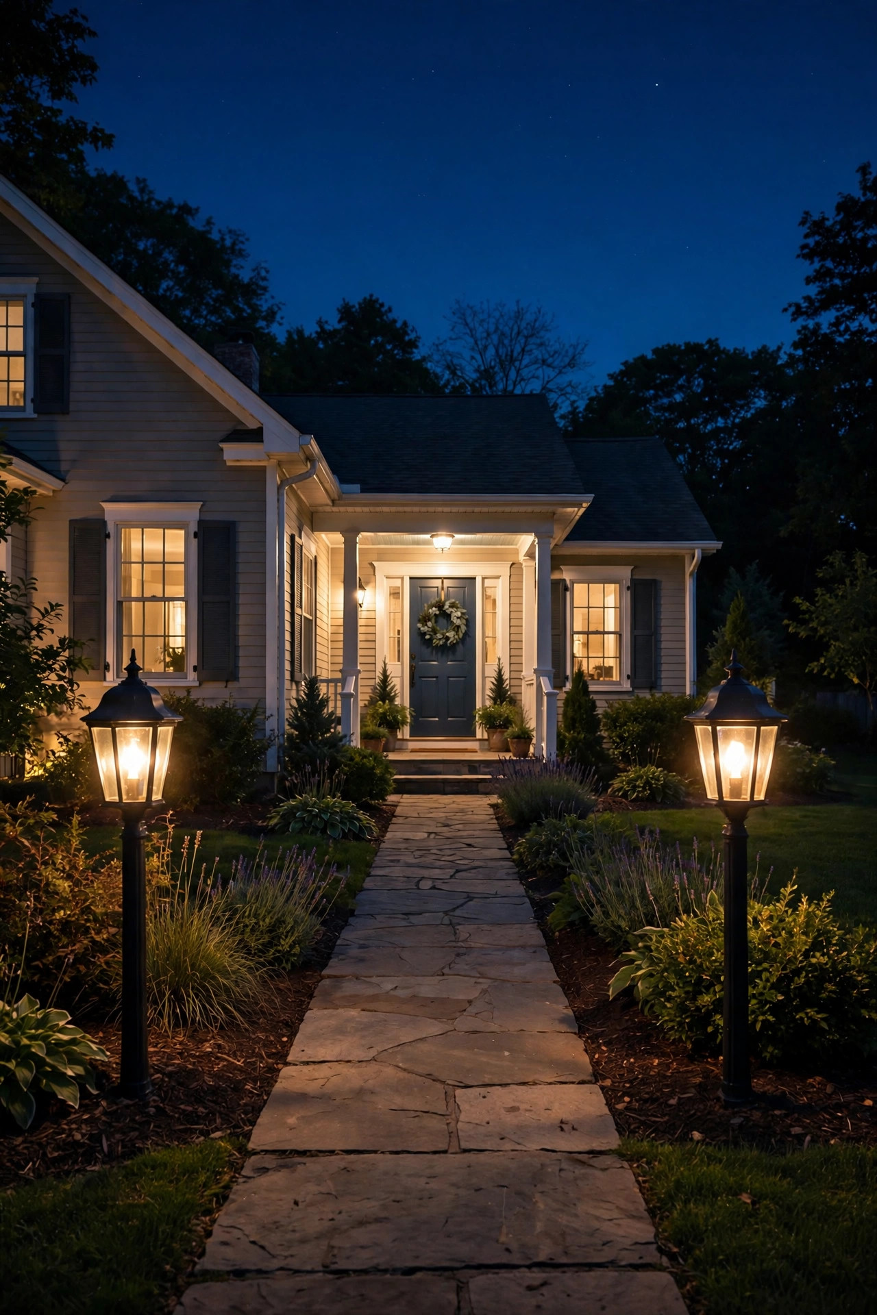 Lantern-style post lamps flanking the entrance of a front walkway at night