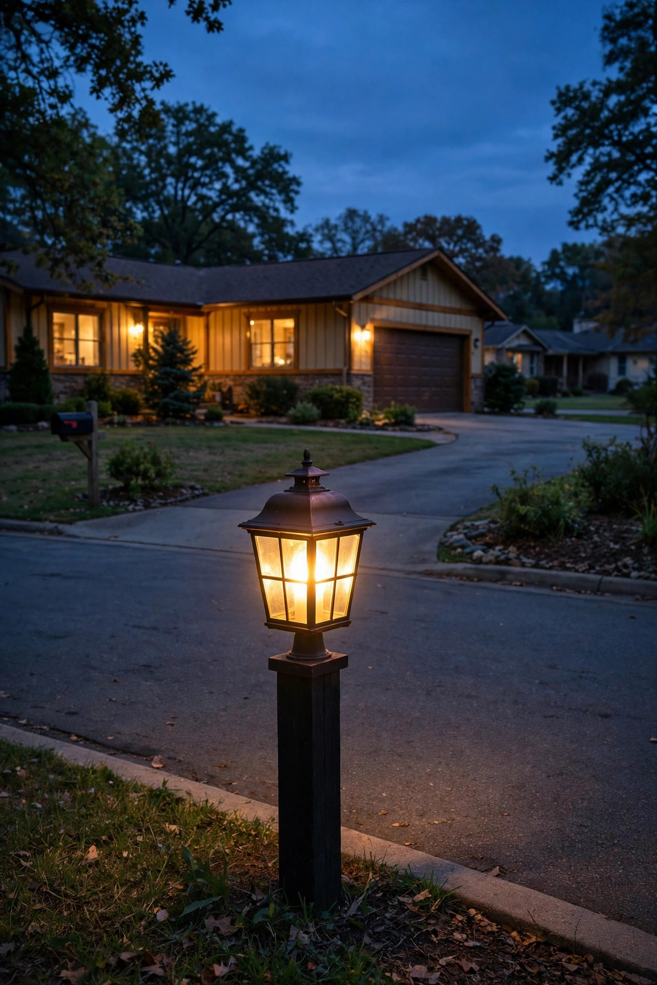 Lantern-style post light glowing where a ranch home driveway meets the street