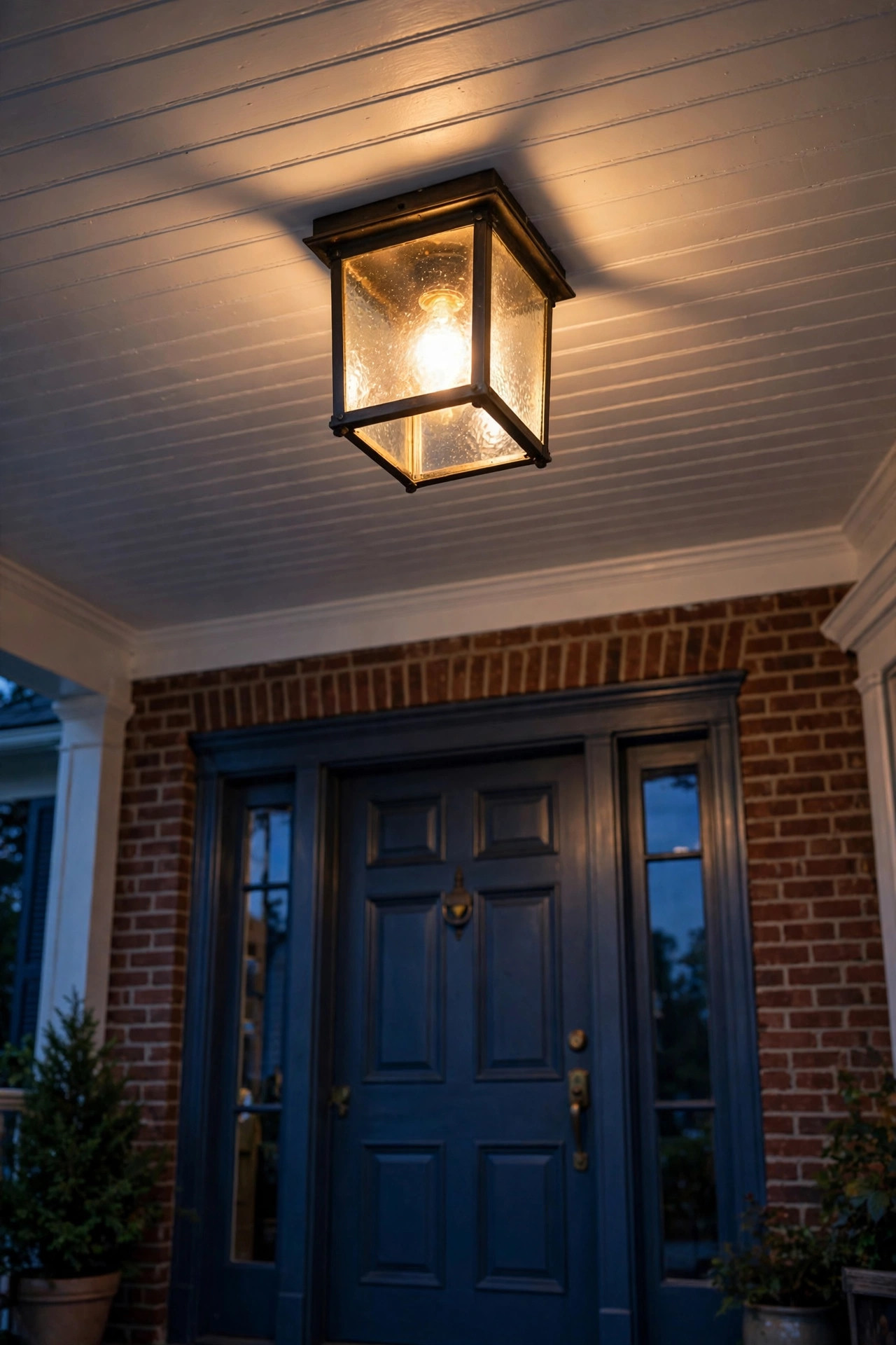 Lantern style flush mount porch ceiling light in oil rubbed bronze finish