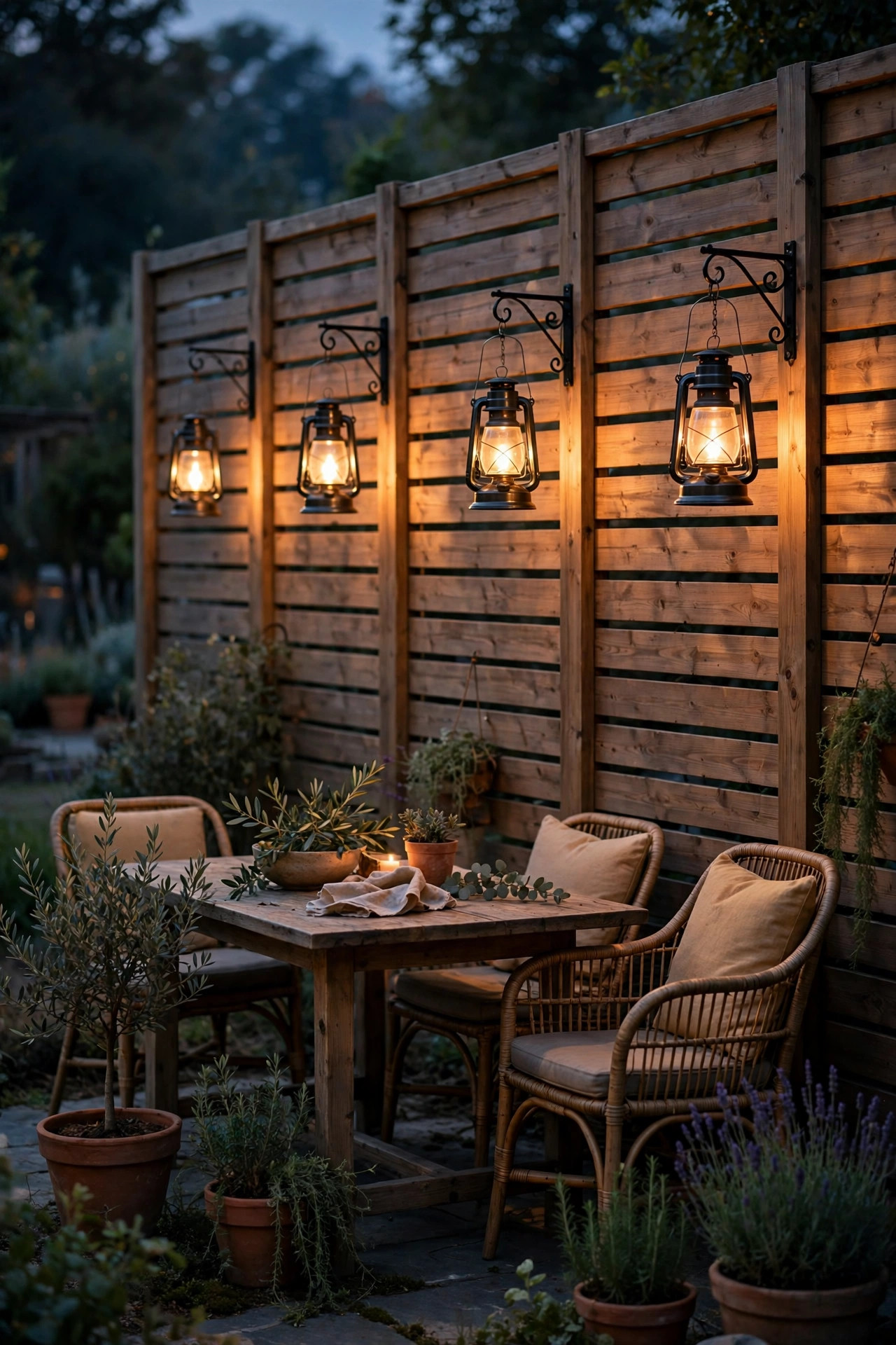 Warm lanterns hanging from brackets on a privacy fence above outdoor seating at dusk