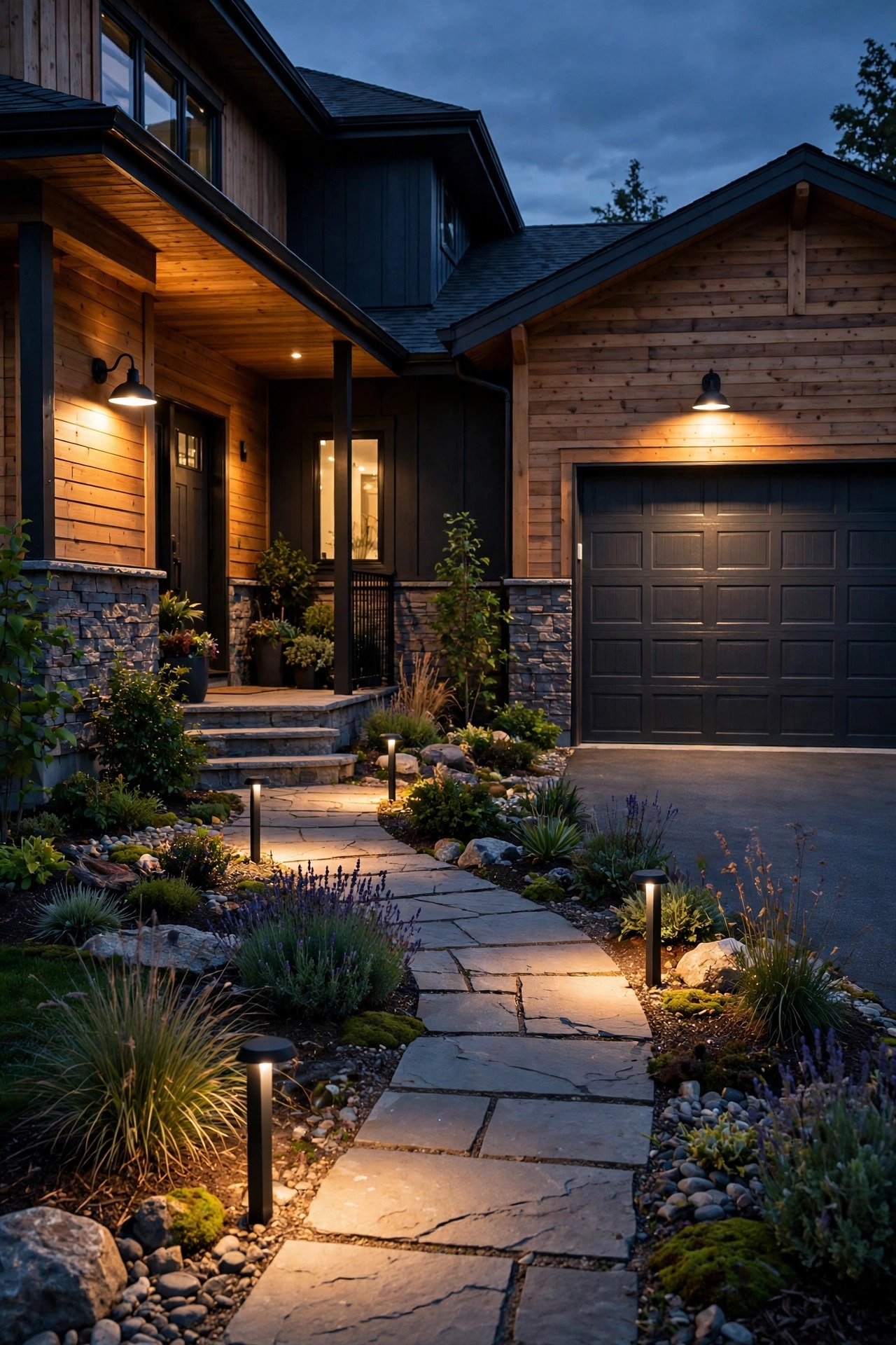 Layered front yard lighting with porch sconce, path lights and garage light on separate staggered schedules