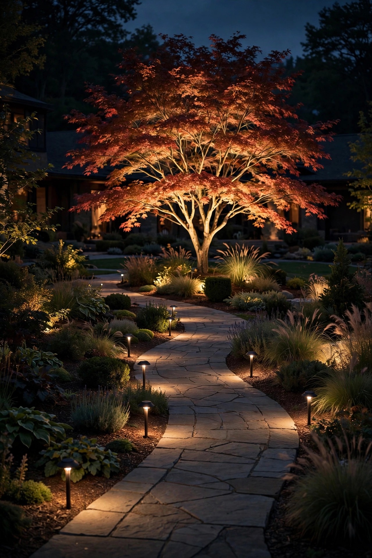 A front yard at night with layered lighting, dim path lights leading the eye along a walkway toward one brilliantly lit specimen tree, with a soft wash of light across the planting beds between