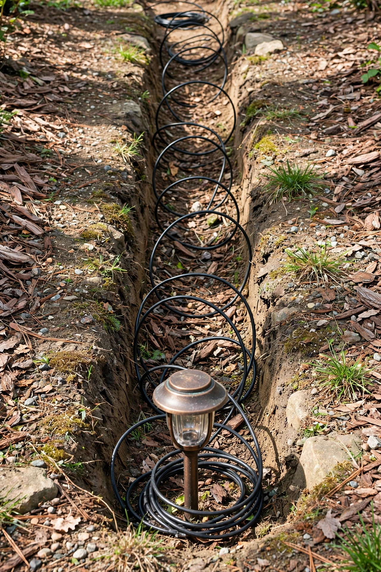 Hands laying low-voltage cable into a narrow trench with slack loops at a path light fixture