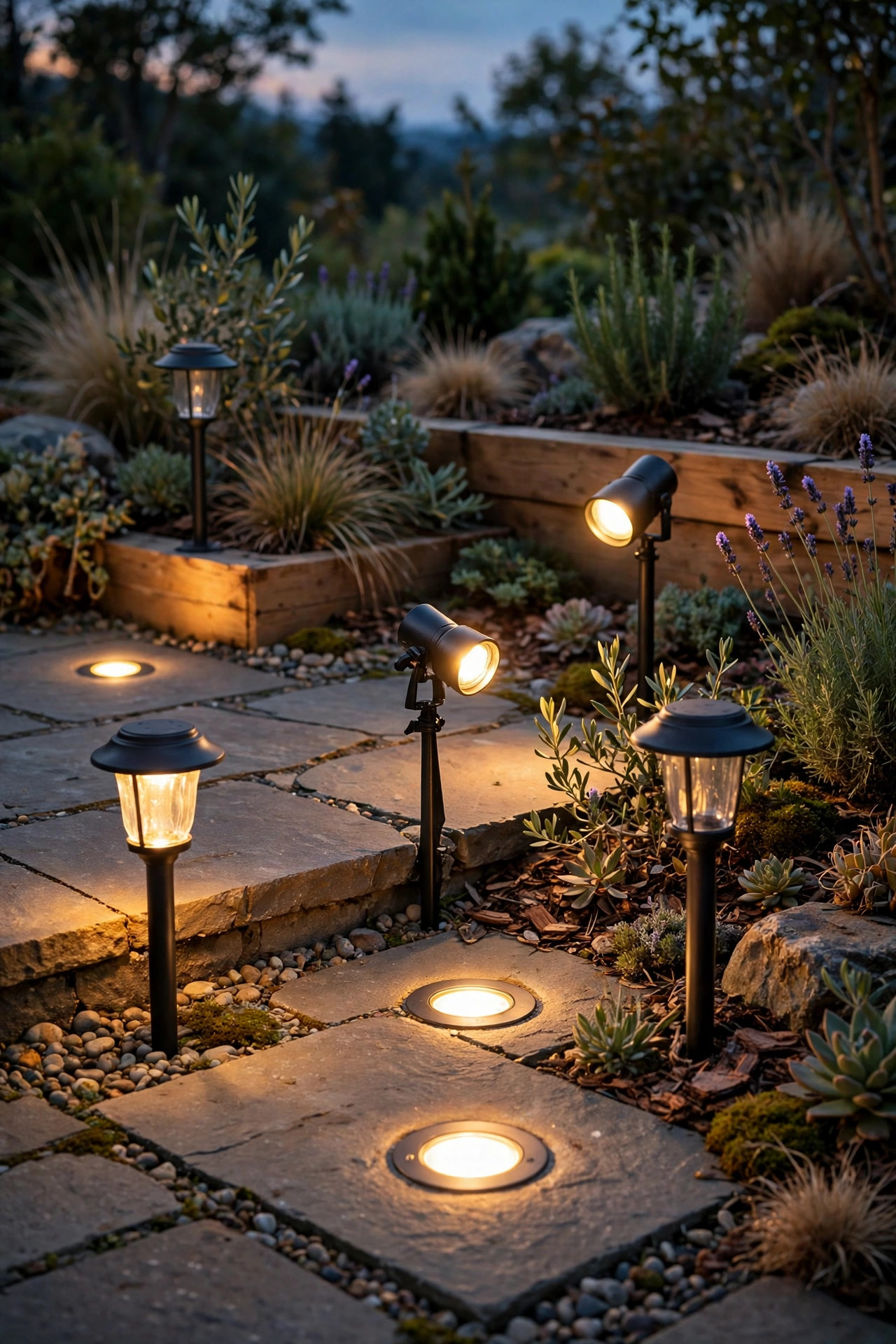 Assorted low-voltage LED landscape fixtures, path lights, spotlights and well lights arranged on a patio at dusk