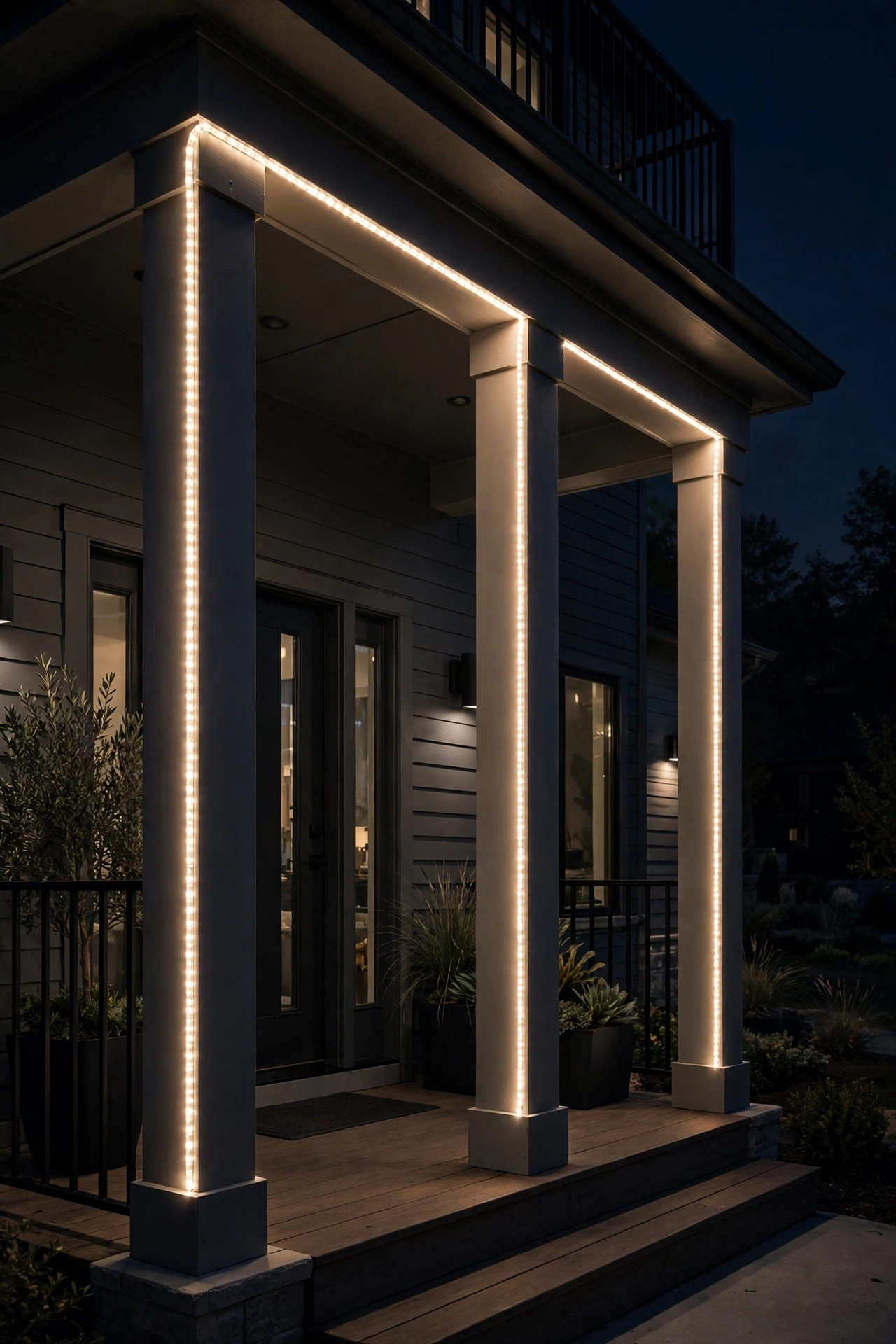 LED rope light tracing the inner edge of porch columns with a clean modern glow at night